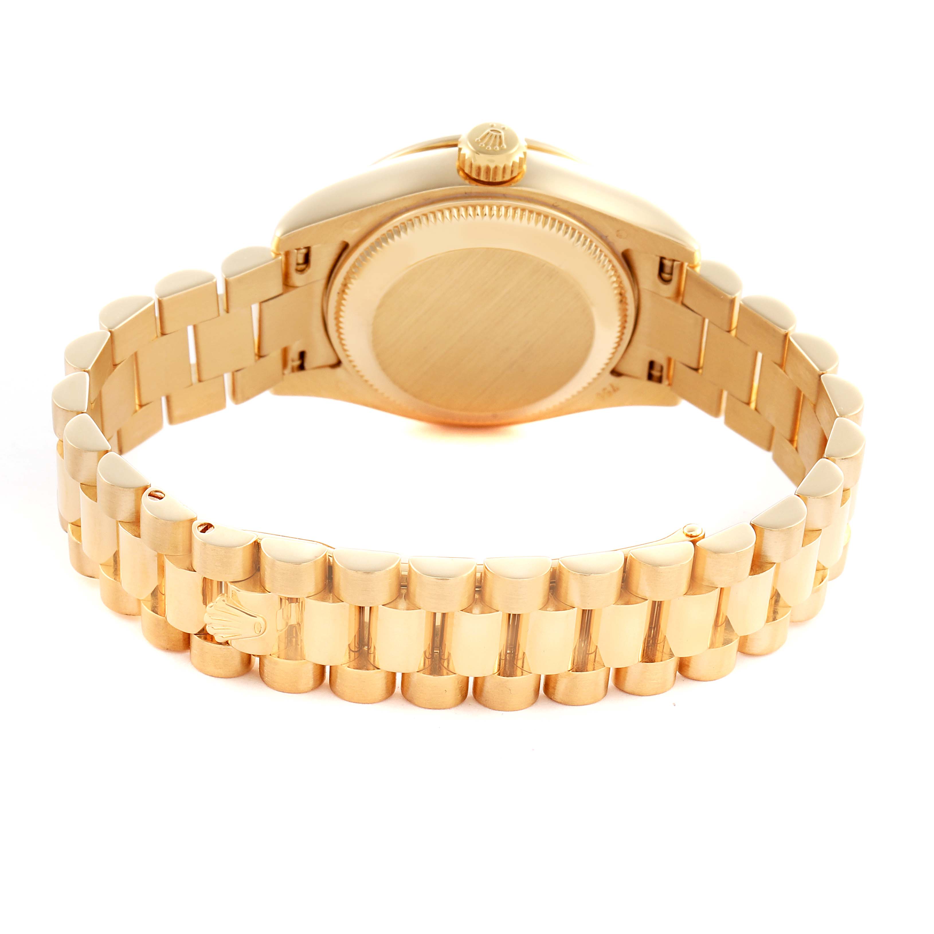 The image shows the back view of a Rolex President 179138 Women's Yellow Gold Mother of Pearl Dial 179138 Women's Yellow Gold Mother of Pearl Dial model, highlighting the bracelet and case back.