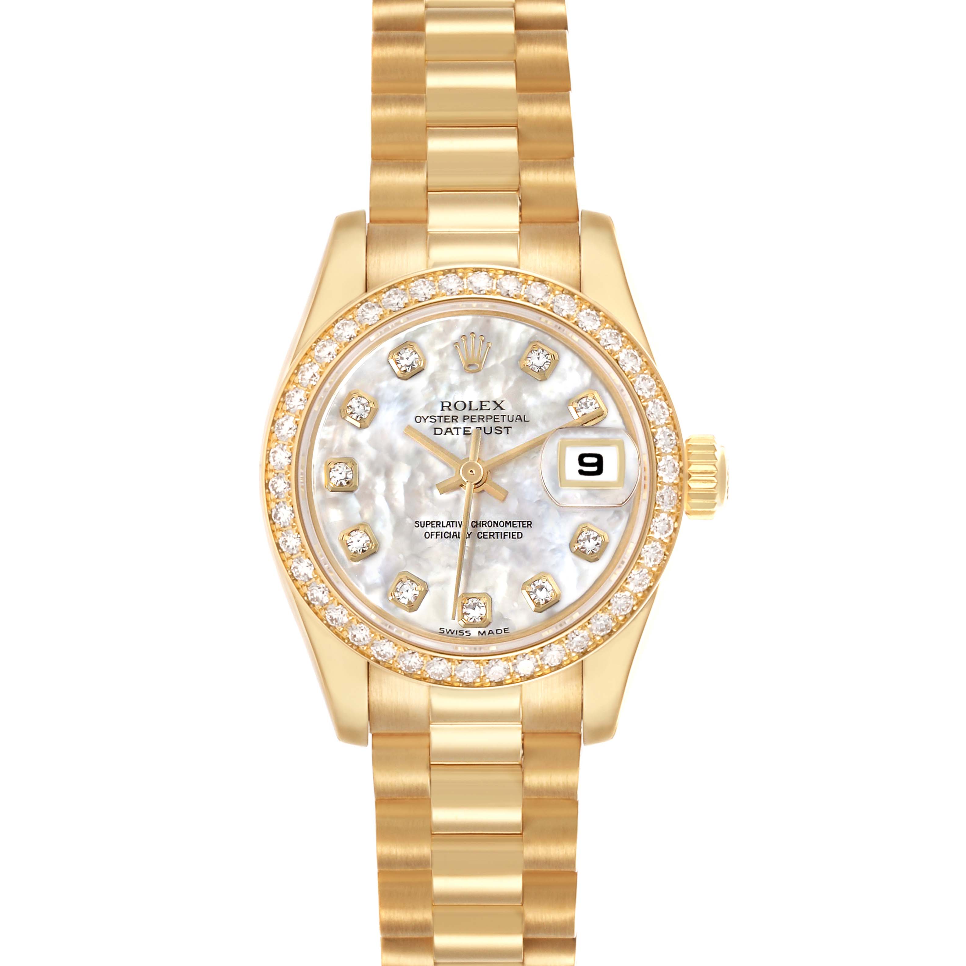 The Rolex President 179138 Women's Yellow Gold Mother of Pearl Dial 179138 Women's Yellow Gold Mother of Pearl Dial model is shown from the front, displaying the bracelet, case, diamond-set bezel, and dial with date window.