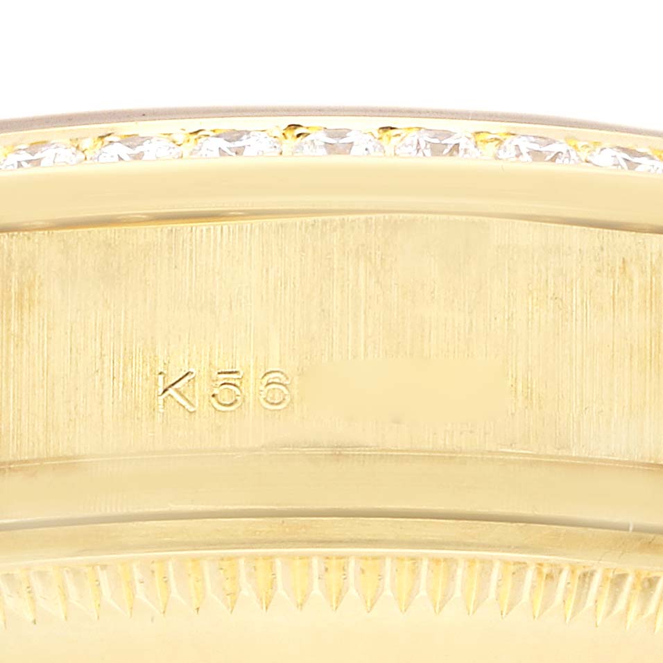 The image shows a close-up side view of the bezel with diamonds and part of the case of a Rolex President 179138 Women's Yellow Gold Mother of Pearl Dial 179138 Women's Yellow Gold Mother of Pearl Dial watch.