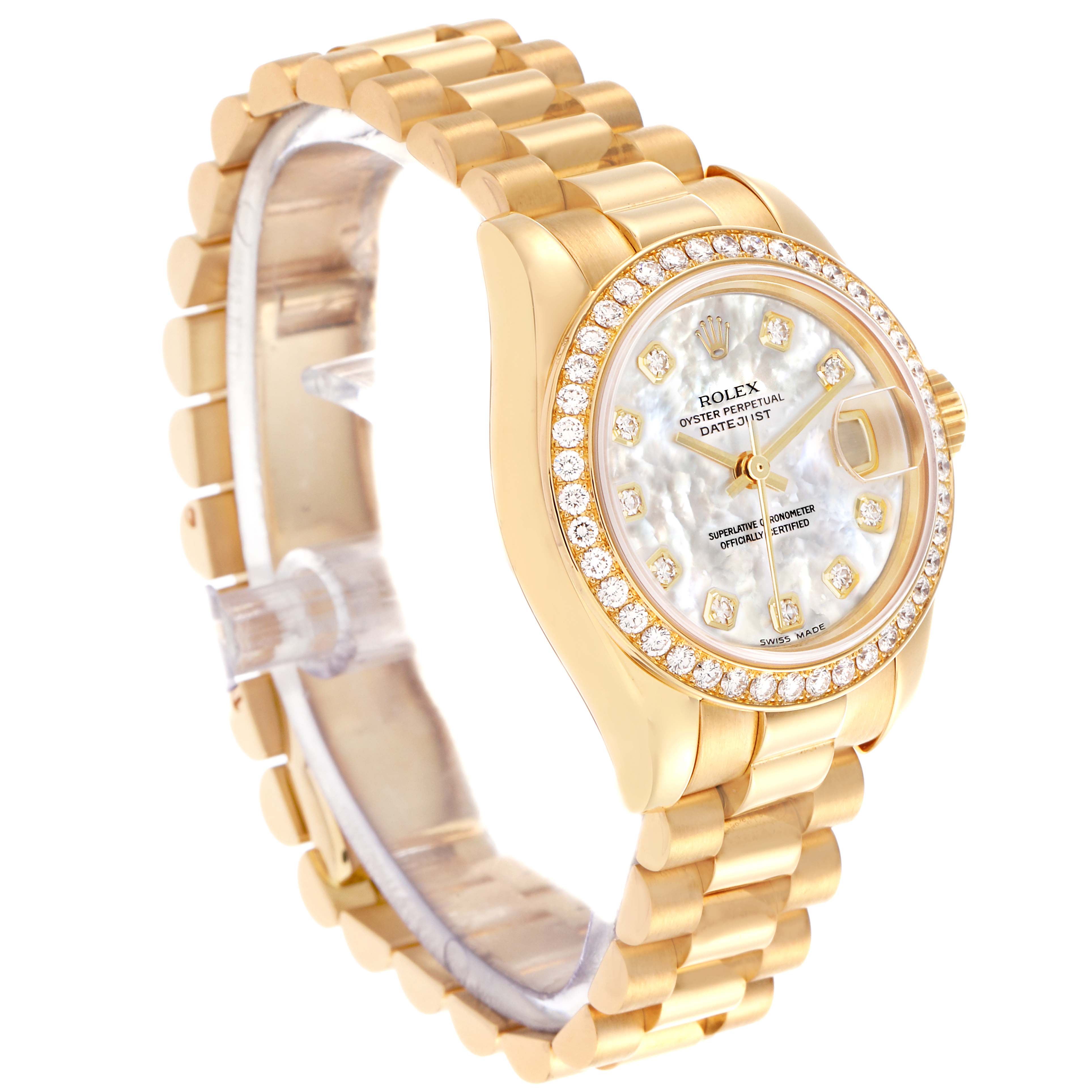 The Rolex President 179138 Women's Yellow Gold Mother of Pearl Dial 179138 Women's Yellow Gold Mother of Pearl Dial model is shown at an oblique angle, displaying the bracelet, diamond bezel, and dial.