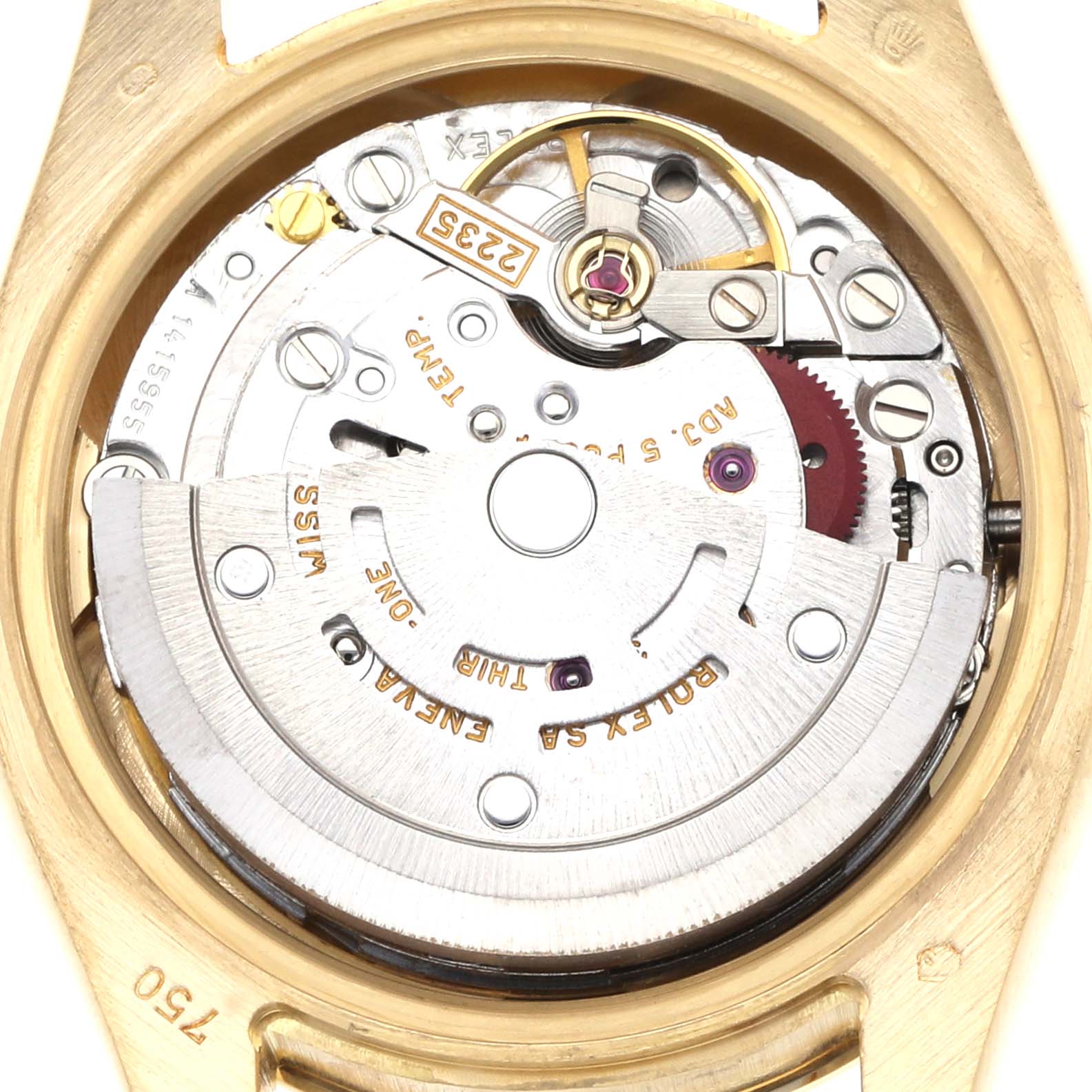 The image shows the internal movement mechanism of a Rolex President 179138 Women's Yellow Gold Mother of Pearl Dial 179138 Women's Yellow Gold Mother of Pearl Dial model watch from a back angle.