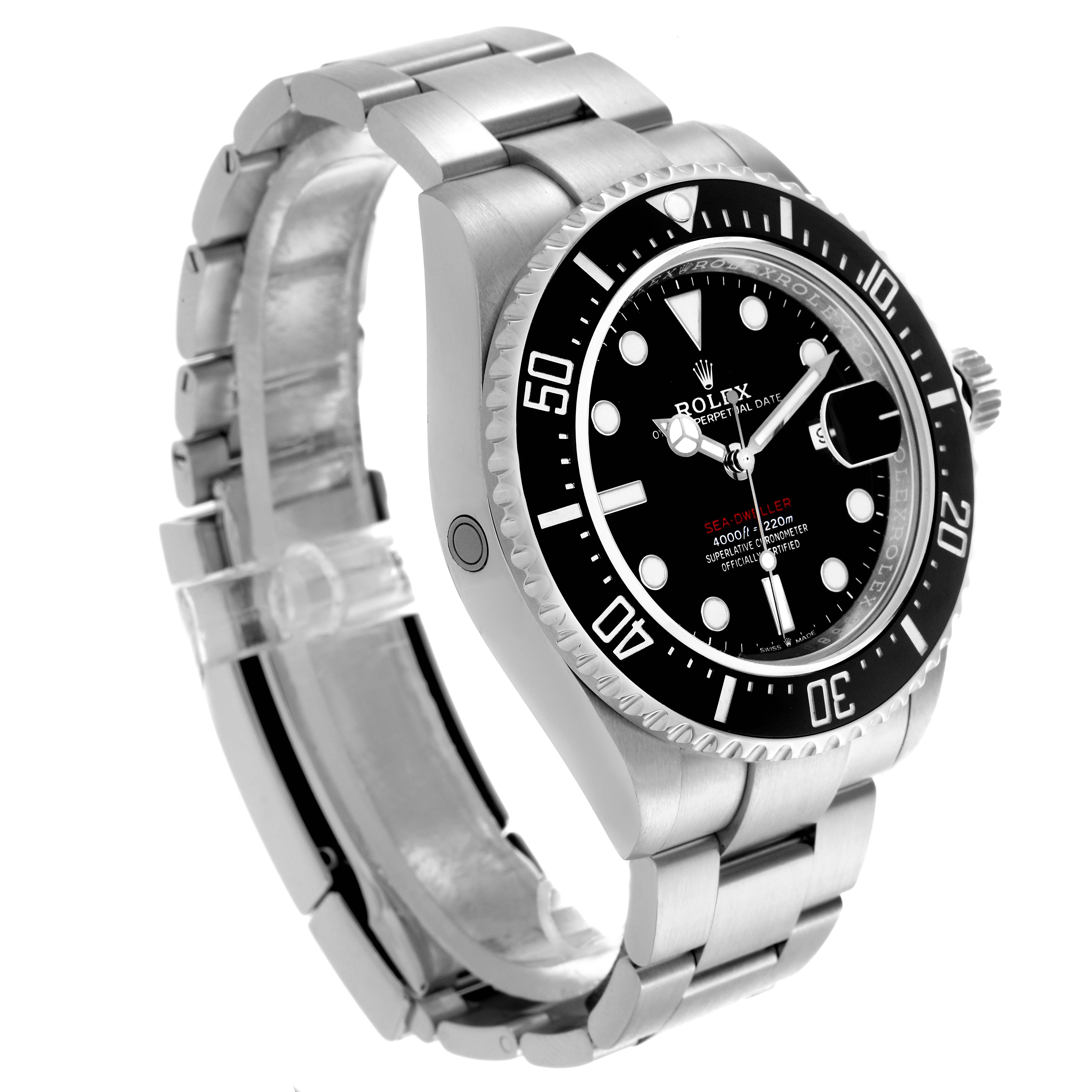 The Rolex Sea-Dweller 126600 Men's Stainless Steel Black Dial 126600 Men's Stainless Steel Black Dial watch is shown at a three-quarter angle, highlighting its bezel, dial, and bracelet.