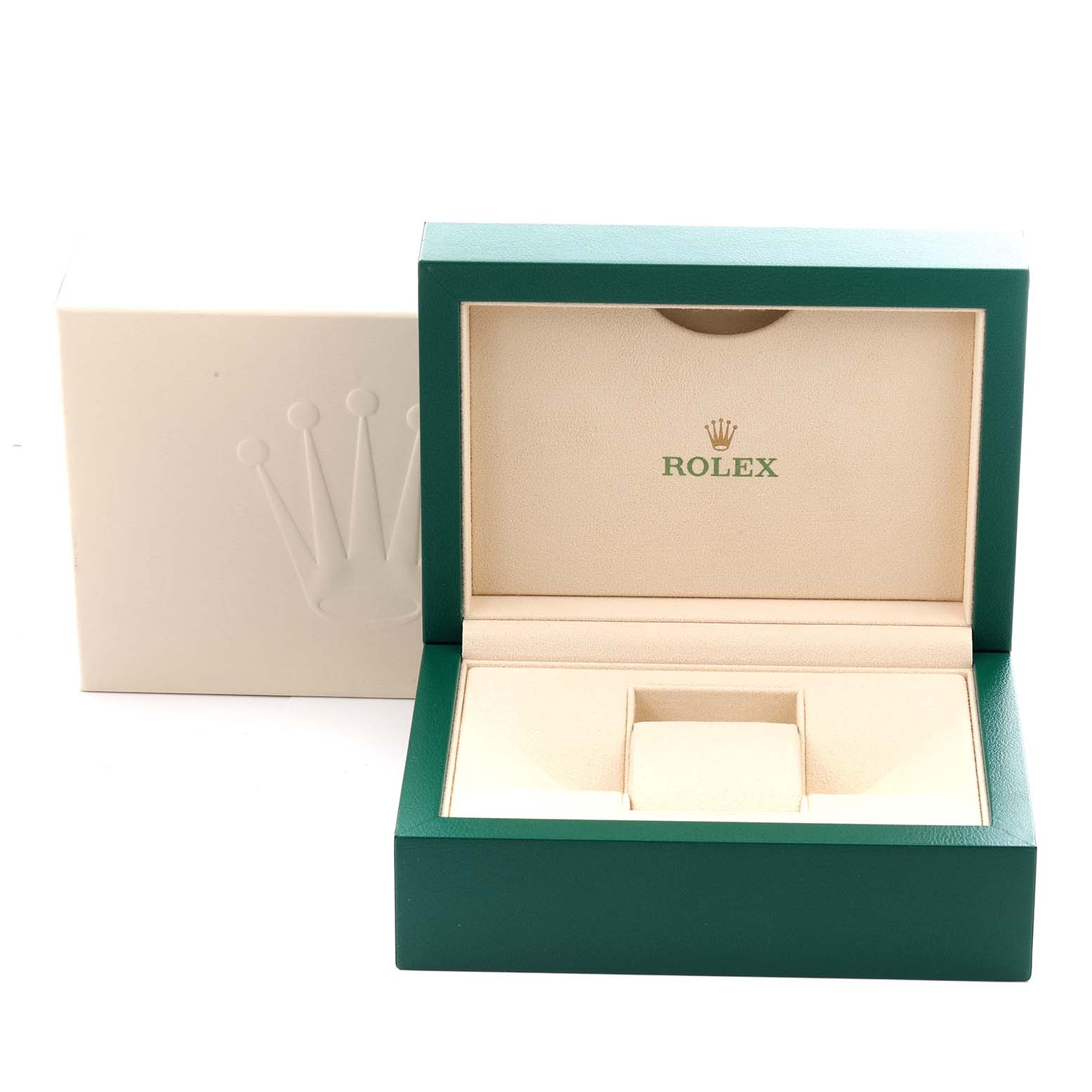 The image shows the open packaging box for a Rolex Sea-Dweller 126600 Men's Stainless Steel Black Dial 126600 Men's Stainless Steel Black Dial watch, with a green exterior and beige interior.