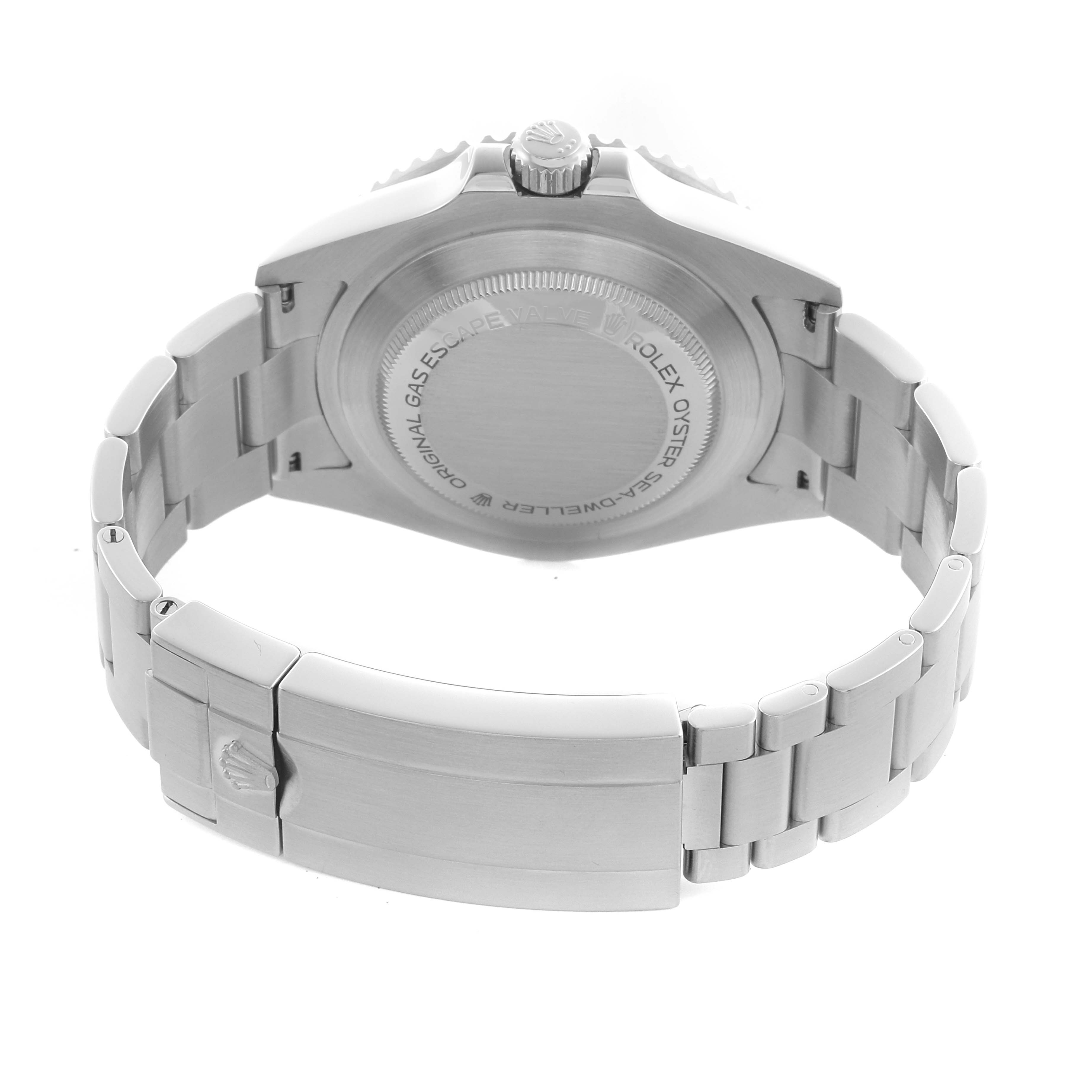 The Rolex Sea-Dweller 126600 Men's Stainless Steel Black Dial 126600 Men's Stainless Steel Black Dial watch is shown from the back, highlighting the case back, bracelet, and clasp.