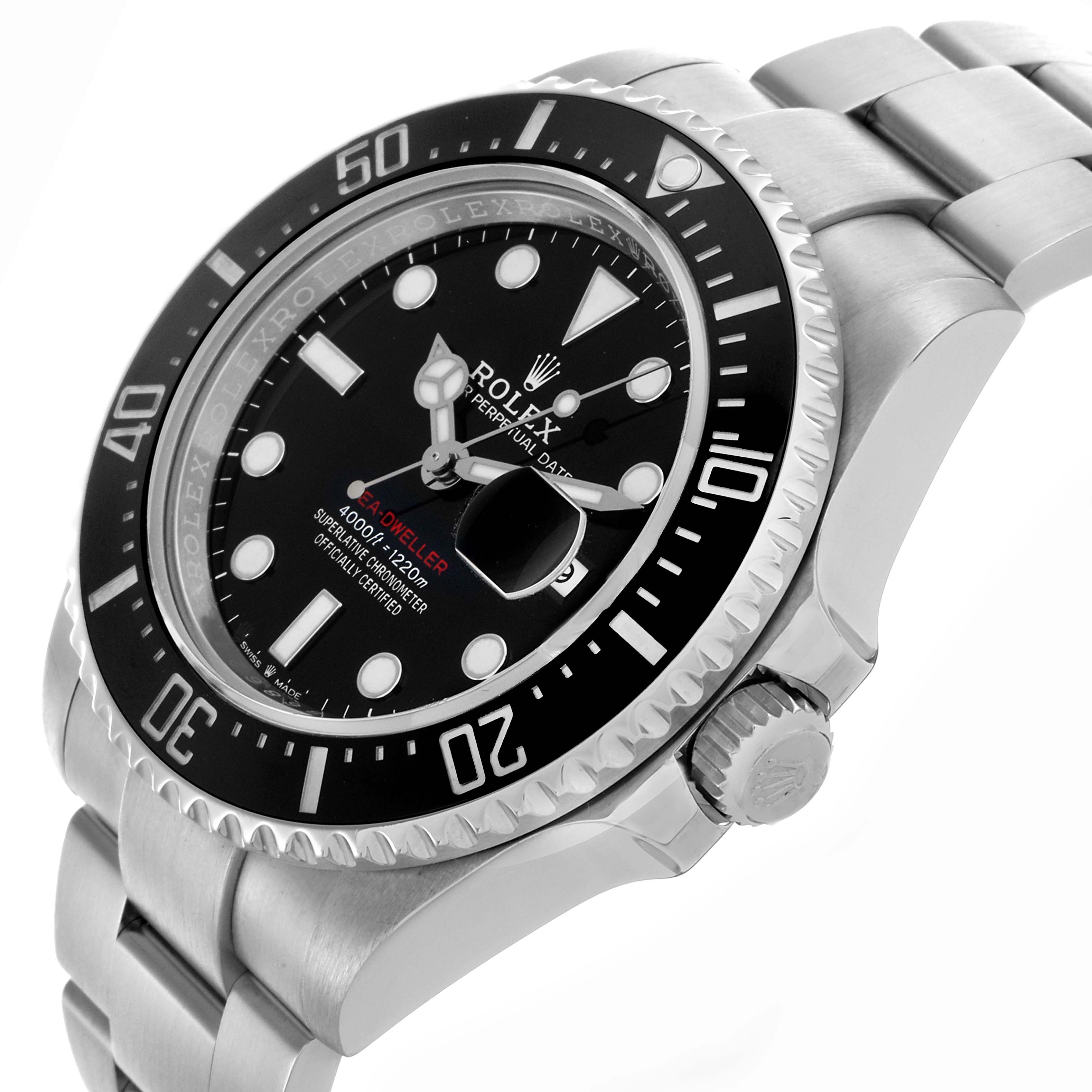 The Rolex Sea-Dweller 126600 Men's Stainless Steel Black Dial 126600 Men's Stainless Steel Black Dial watch is shown at a slight angle, highlighting the face, bezel, crown, and part of the bracelet.