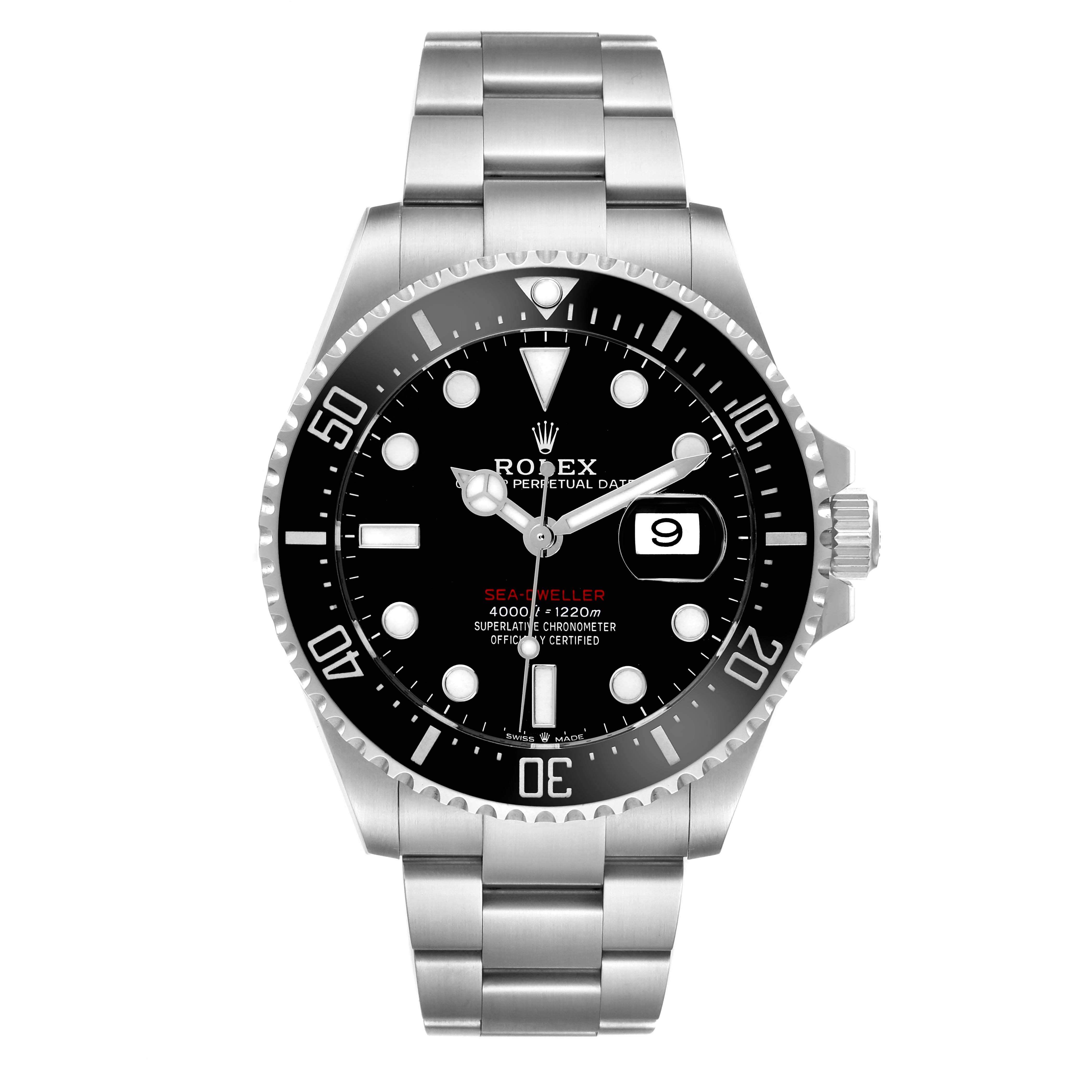 The Rolex Sea-Dweller 126600 Men's Stainless Steel Black Dial 126600 Men's Stainless Steel Black Dial watch is shown from the front, displaying the dial, bezel, bracelet, and crown.
