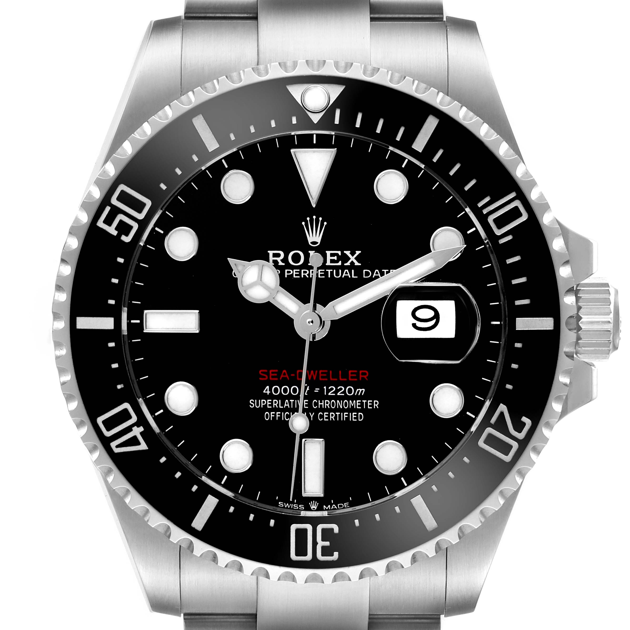 The image shows a front view of the Rolex Sea-Dweller 126600 Men's Stainless Steel Black Dial 126600 Men's Stainless Steel Black Dial, displaying the face, bezel, markers, and date window.