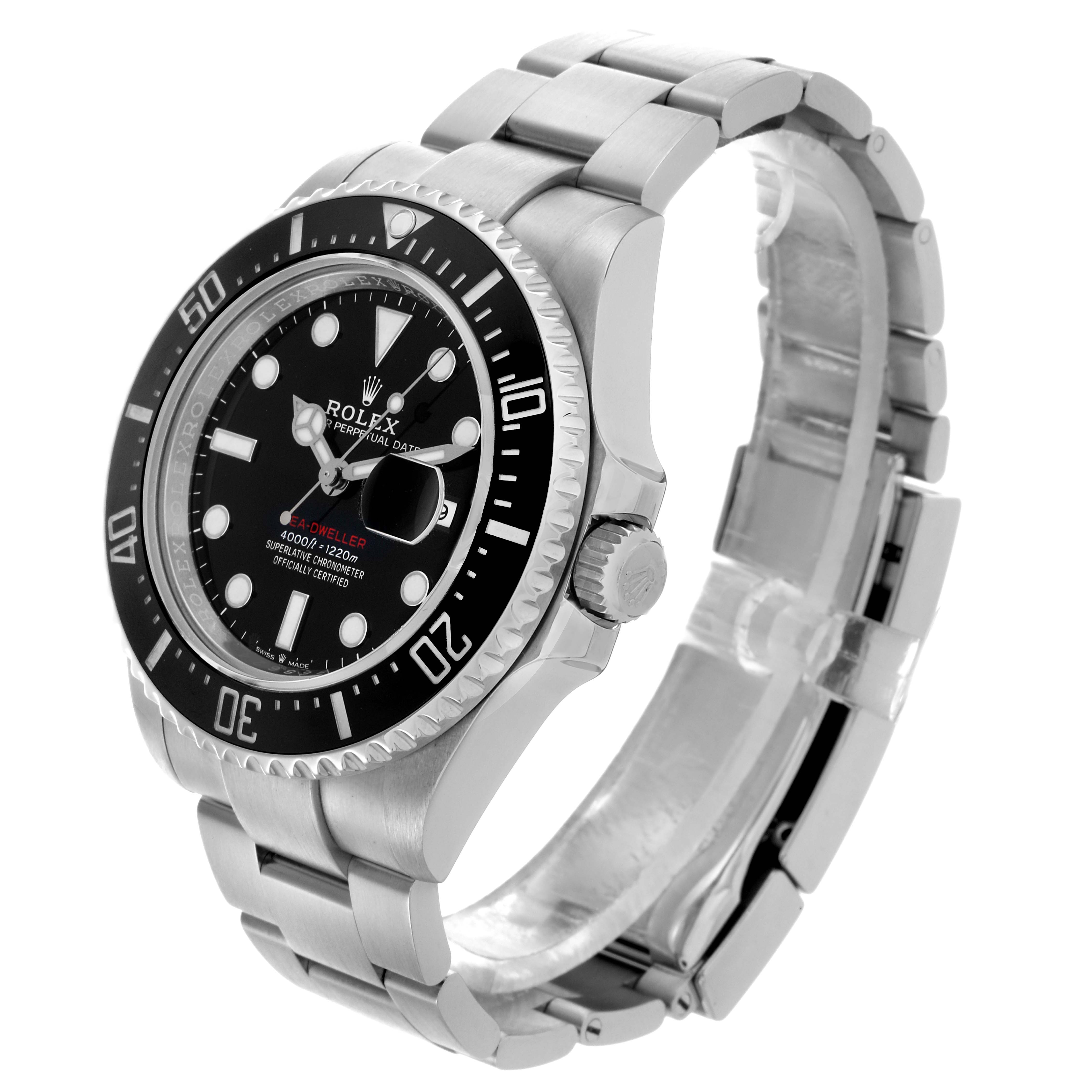 The Rolex Sea-Dweller 126600 Men's Stainless Steel Black Dial 126600 Men's Stainless Steel Black Dial watch is shown at a three-quarter angle, displaying the bezel, dial, crown, and bracelet.