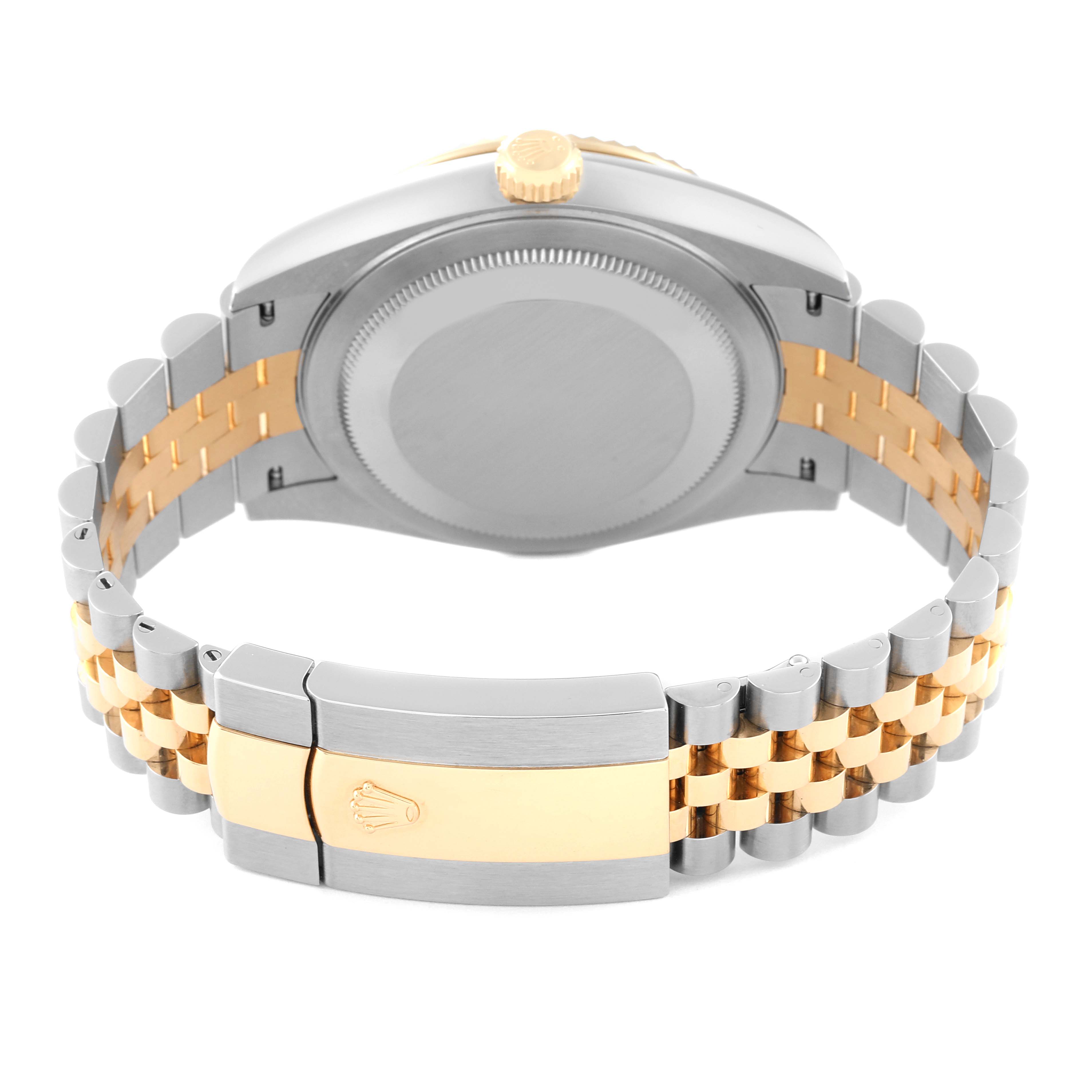 The image shows the back of the Rolex Sky-Dweller 336933 Men's Steel and Gold (two tone) Black Dial, highlighting its clasp, bracelet, and case back.