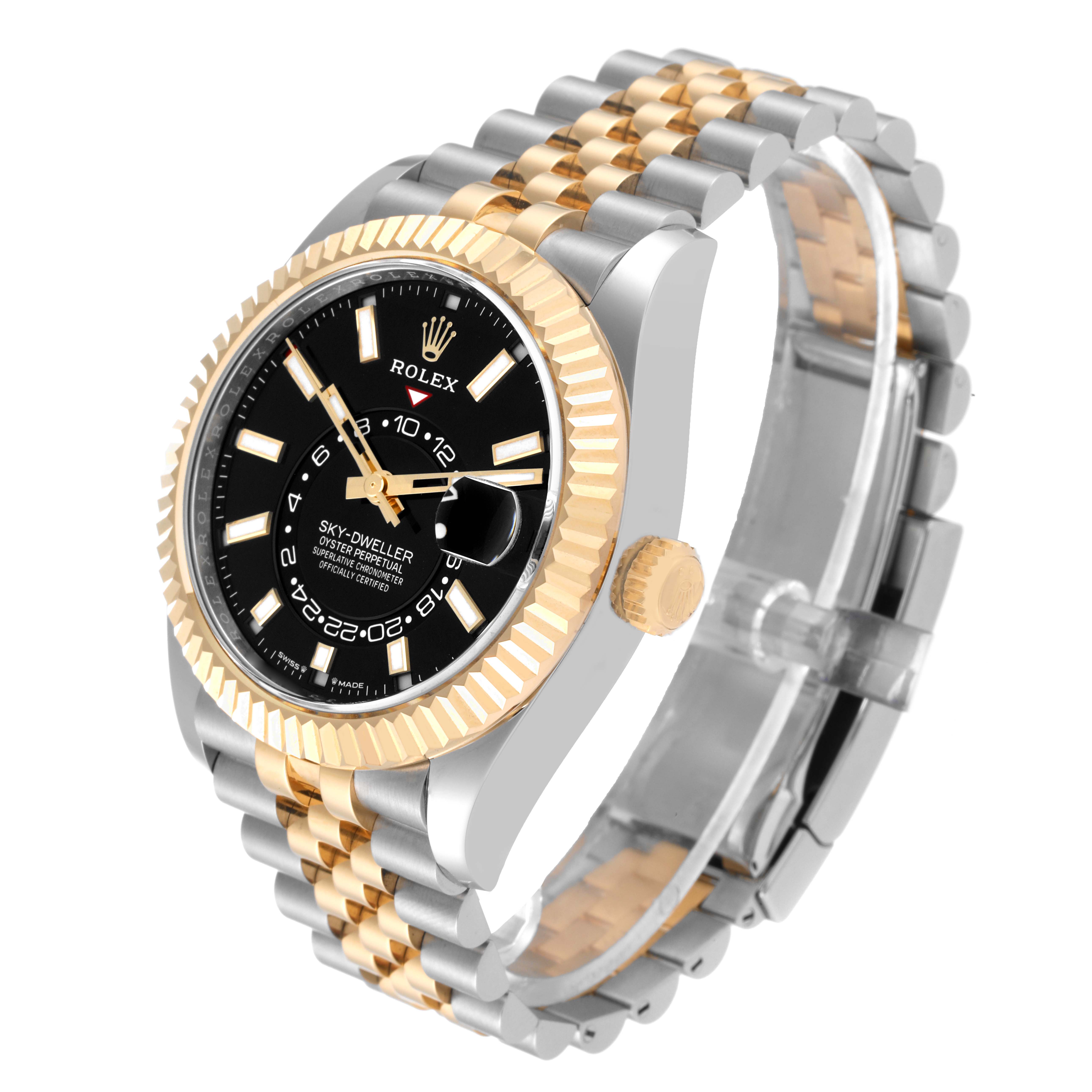 The Rolex Sky-Dweller 336933 Men's Steel and Gold (two tone) Black Dial is shown at an angled side view, highlighting the two-tone bracelet, fluted bezel, black dial, and crown.