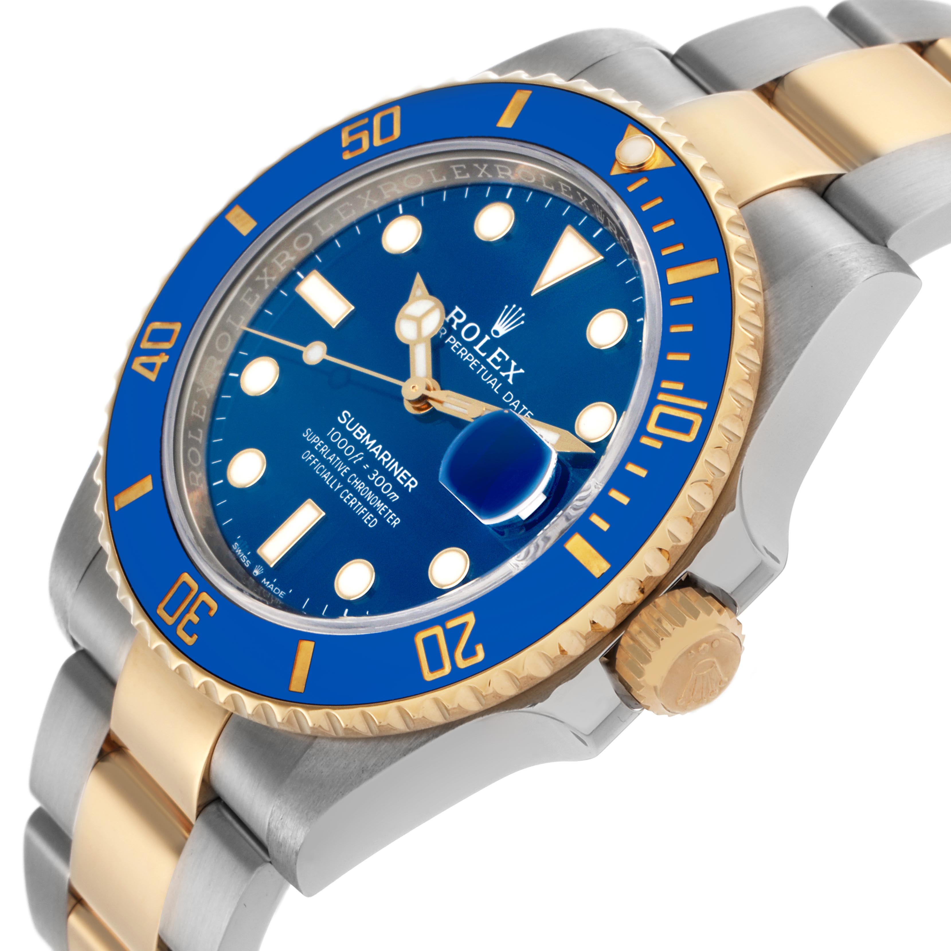 The Rolex Submariner 126613LB Men's Steel and Gold (two tone) Blue Dial 126613LB Men's Steel and Gold (two tone) Blue Dial is shown at an angled side view, displaying the bezel, crown, dial, and part of the bracelet.