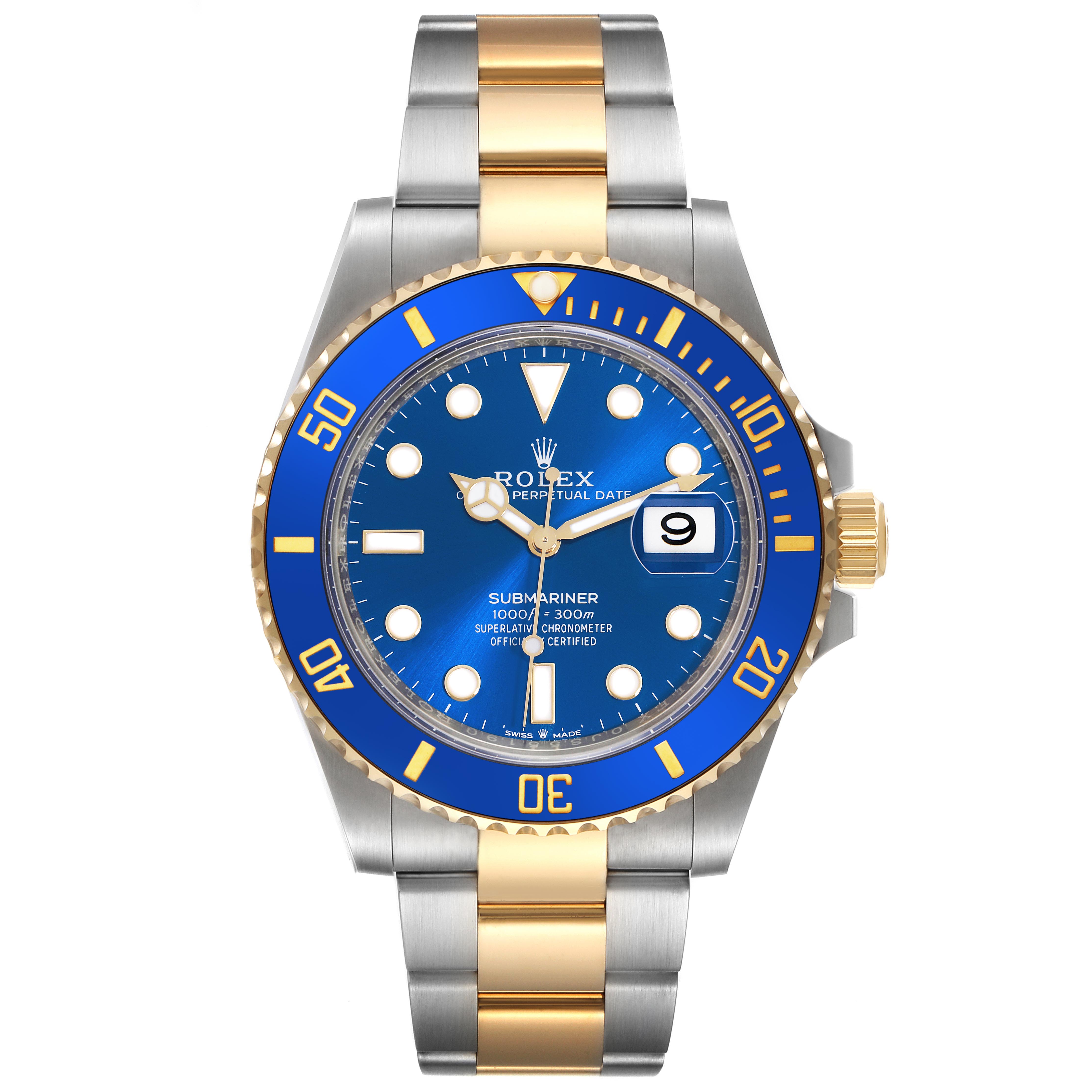 The Rolex Submariner 126613LB Men's Steel and Gold (two tone) Blue Dial 126613LB Men's Steel and Gold (two tone) Blue Dial is shown from a top-down angle, displaying the blue dial, bezel, and gold and silver bracelet.