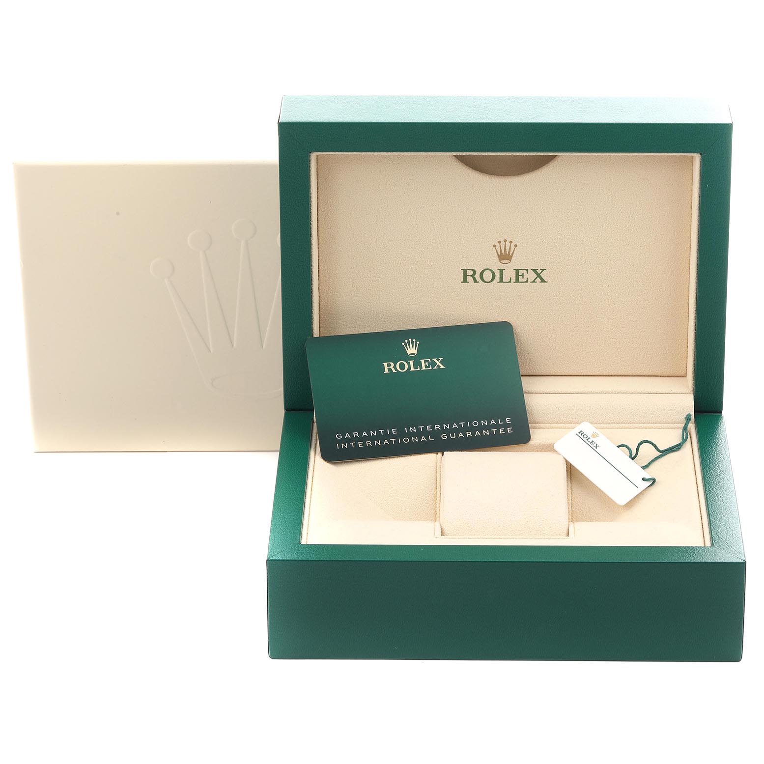 The image shows a Rolex Submariner 126613LB Men's Steel and Gold (two tone) Blue Dial 126613LB Men's Steel and Gold (two tone) Blue Dial box set with the open case, warranty card, and tag, viewed from the front.