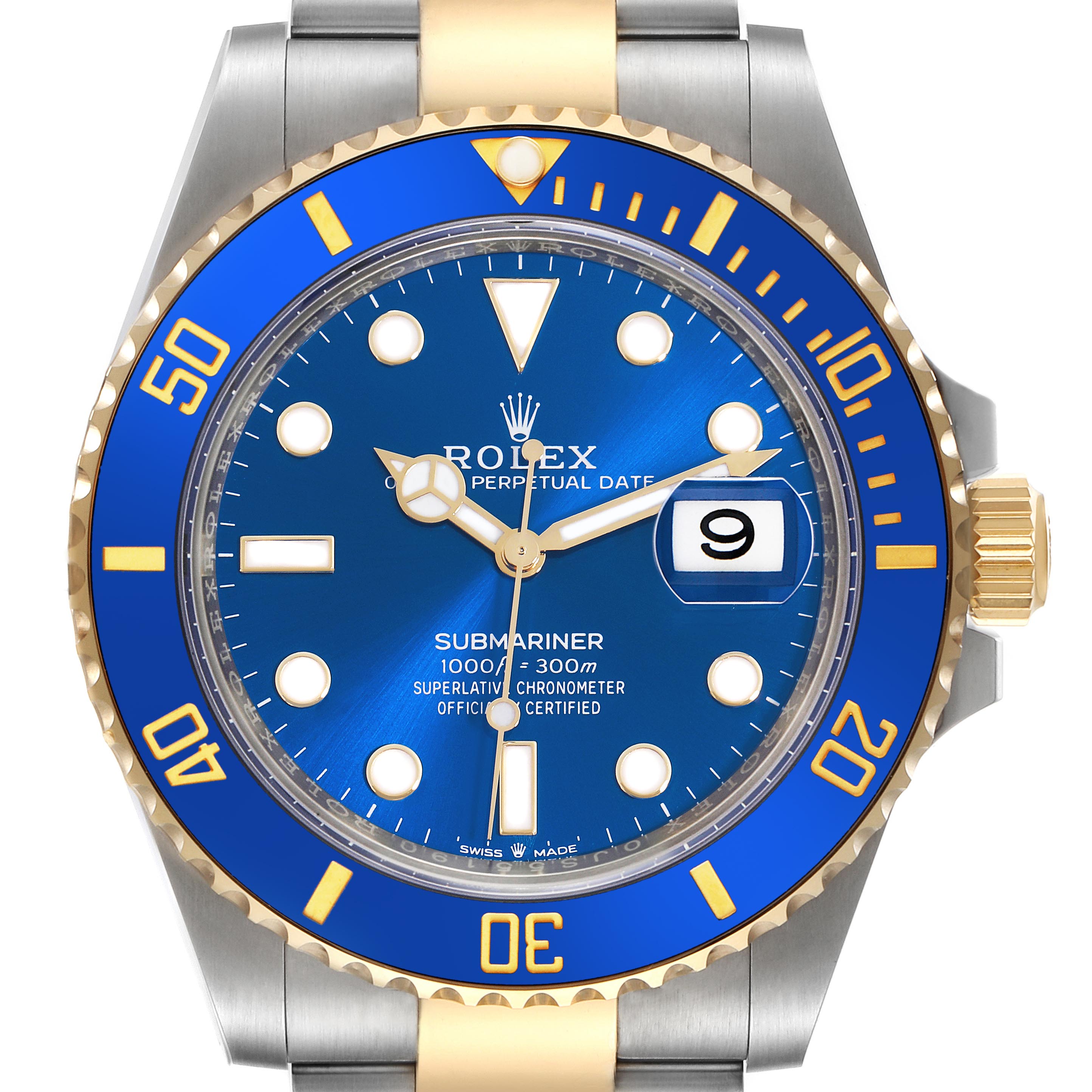 The image shows a front view of the Rolex Submariner 126613LB Men's Steel and Gold (two tone) Blue Dial 126613LB Men's Steel and Gold (two tone) Blue Dial, highlighting the blue dial, gold and blue bezel, and the date window.