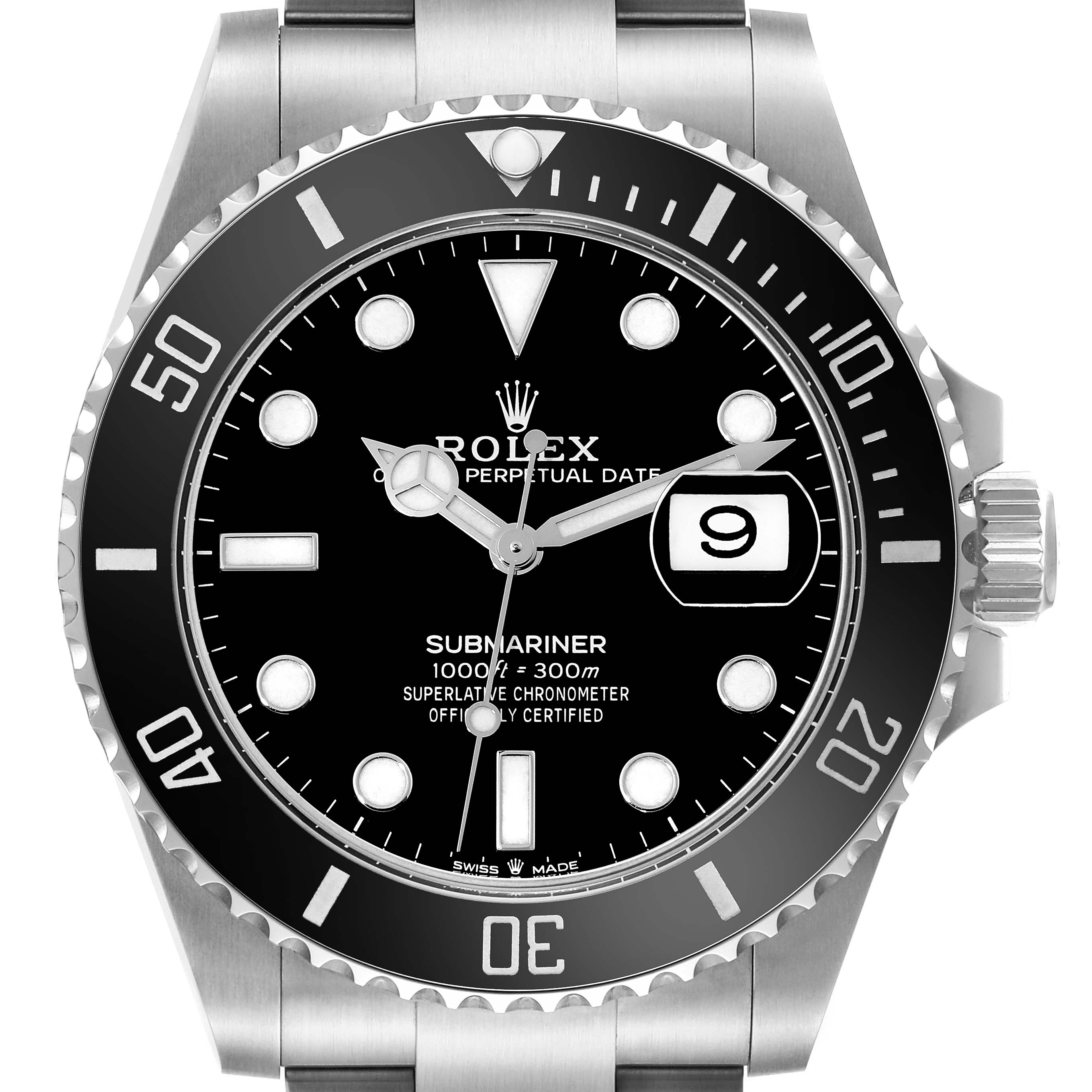 The image shows a frontal view of the Rolex Submariner 126610LN Men
s Stainless Steel Black Dial 126610LN Men
s Stainless Steel Black Dial watch, highlighting its dial, bezel, and crown.