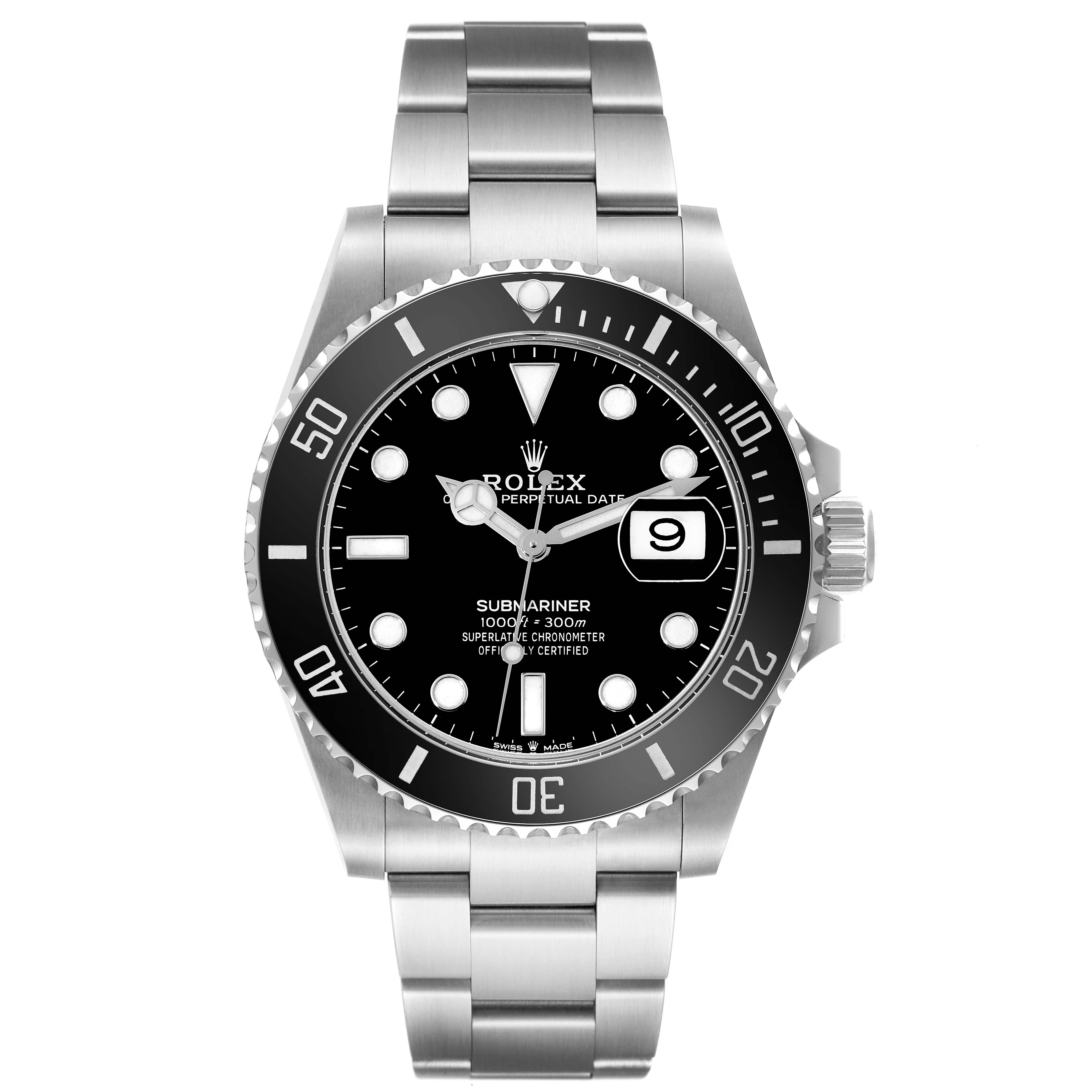 This image shows a front view of the Rolex Submariner 126610LN Men
s Stainless Steel Black Dial 126610LN Men
s Stainless Steel Black Dial watch displaying the dial, bezel, bracelet, and clasp.