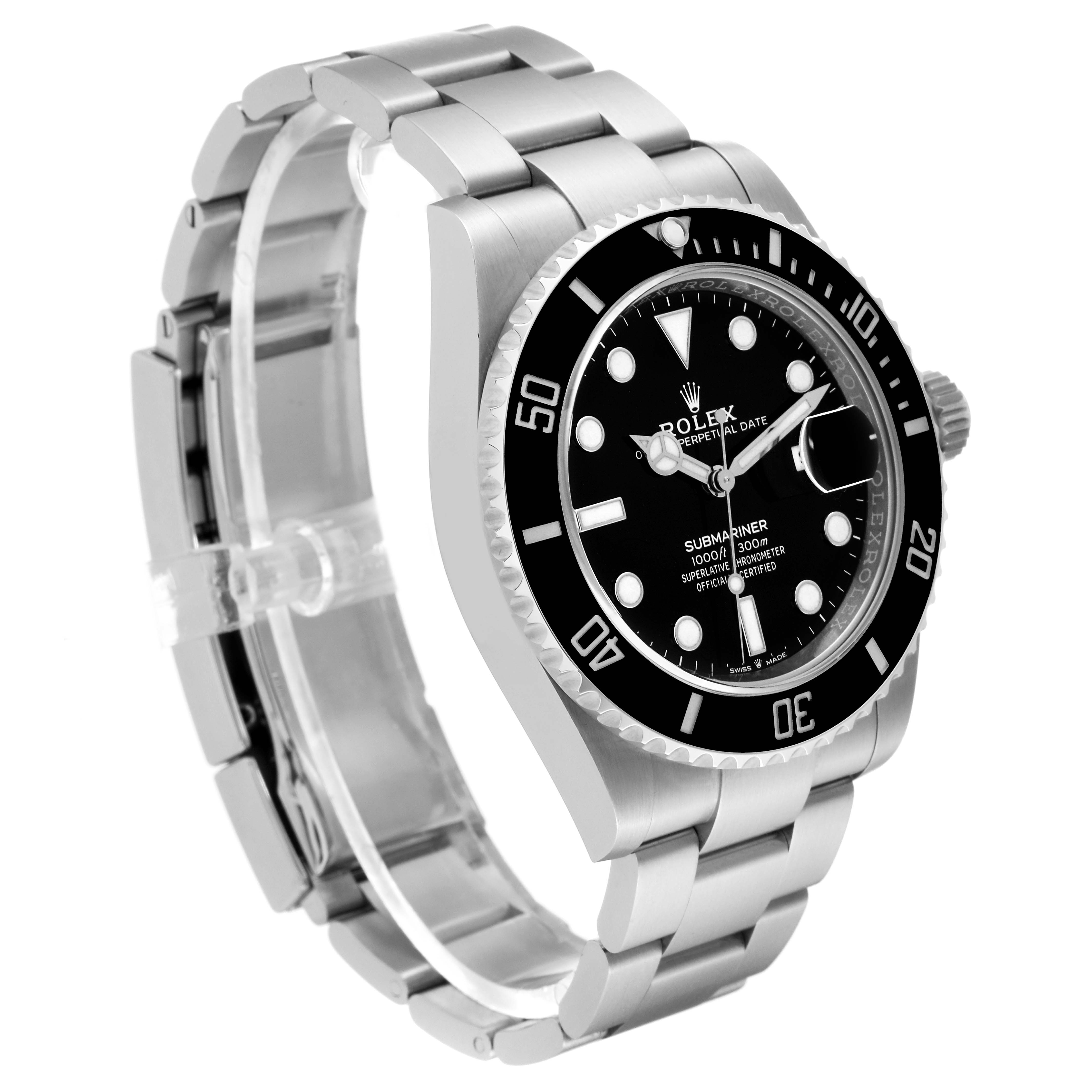 The image shows a side angle view of the Rolex Submariner 126610LN Men
s Stainless Steel Black Dial 126610LN Men
s Stainless Steel Black Dial watch, featuring its face, bezel, bracelet, and crown.