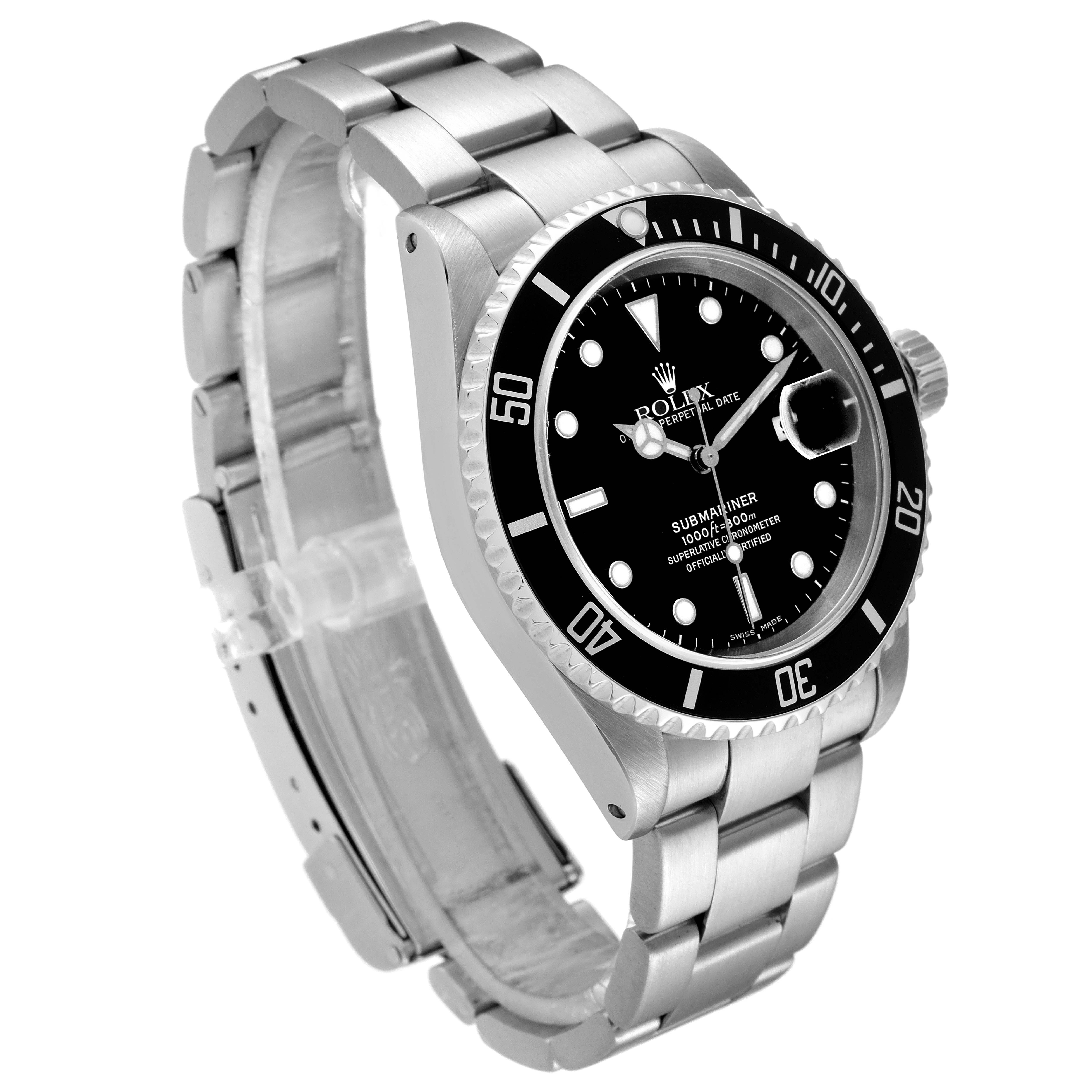 This image shows a side angle of a Rolex Submariner 16610 Men
s Stainless Steel Black Dial 16610 Men
s Stainless Steel Black Dial watch, highlighting its bracelet, bezel, and dial.