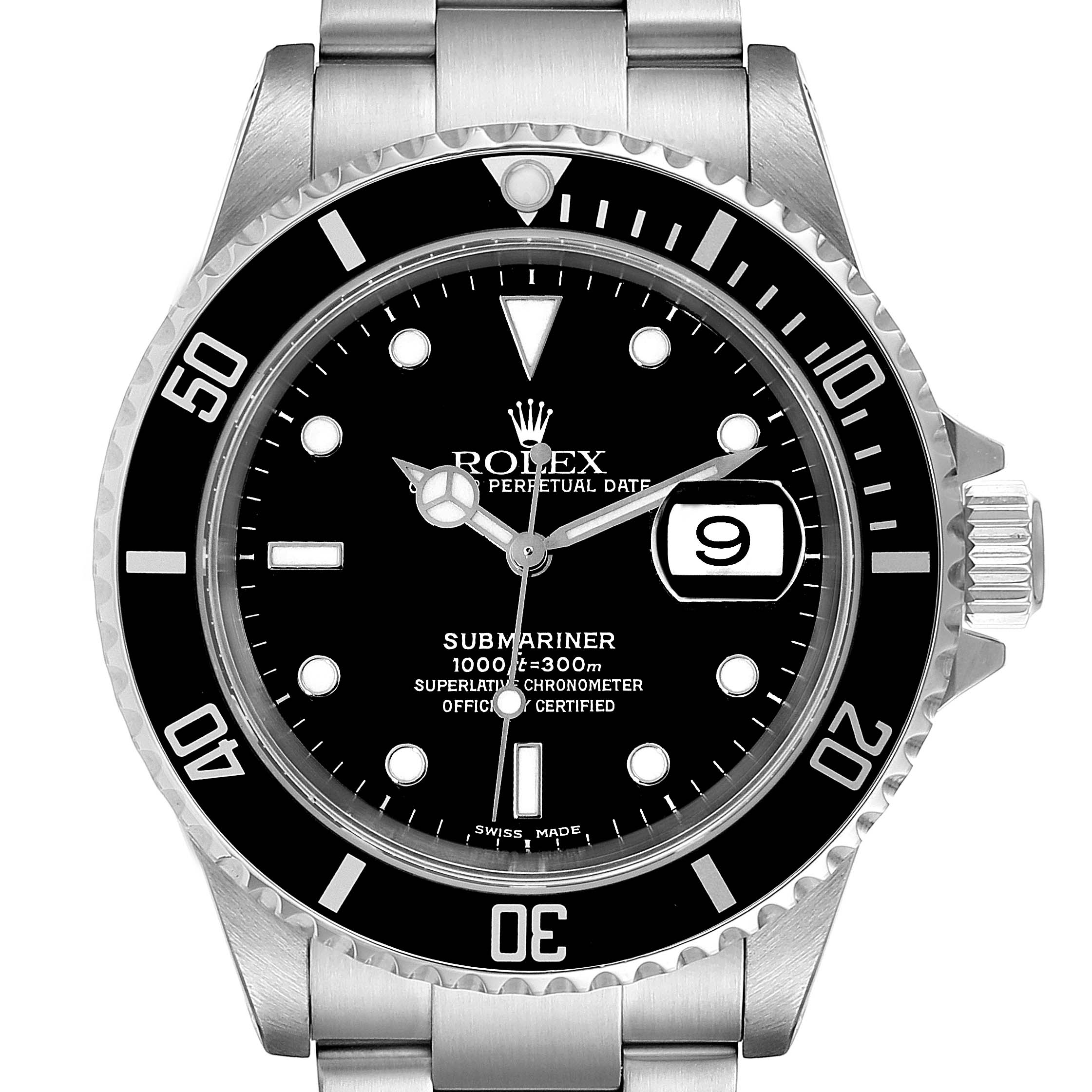 This image shows a front view of the Rolex Submariner 16610 Men
s Stainless Steel Black Dial 16610 Men
s Stainless Steel Black Dial watch, including the dial, bezel, and part of the bracelet.