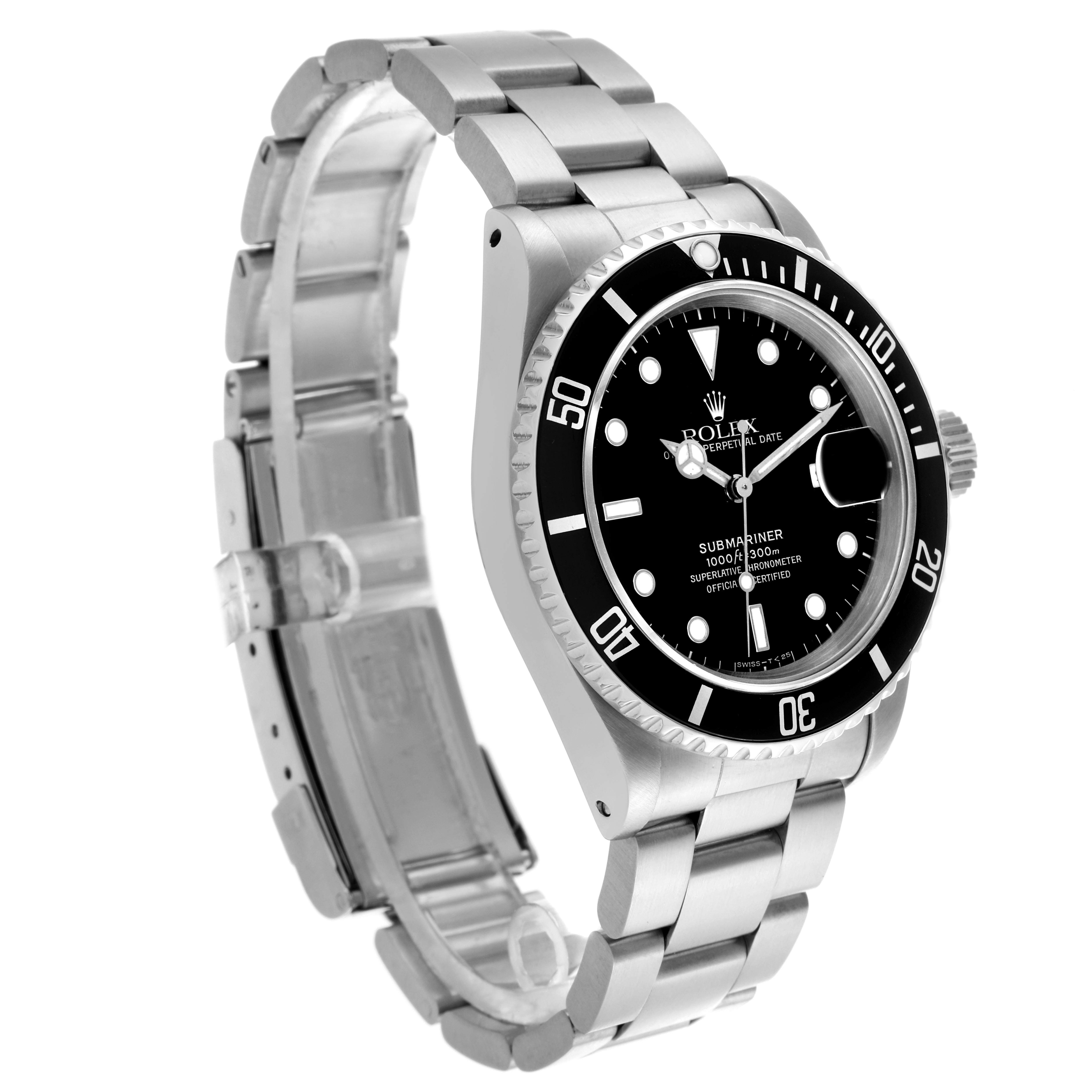 The Rolex Submariner 16610 Men's Stainless Steel Black Dial 16610 Men's Stainless Steel Black Dial watch is shown at a three-quarter angle, highlighting the bezel, dial, and bracelet.