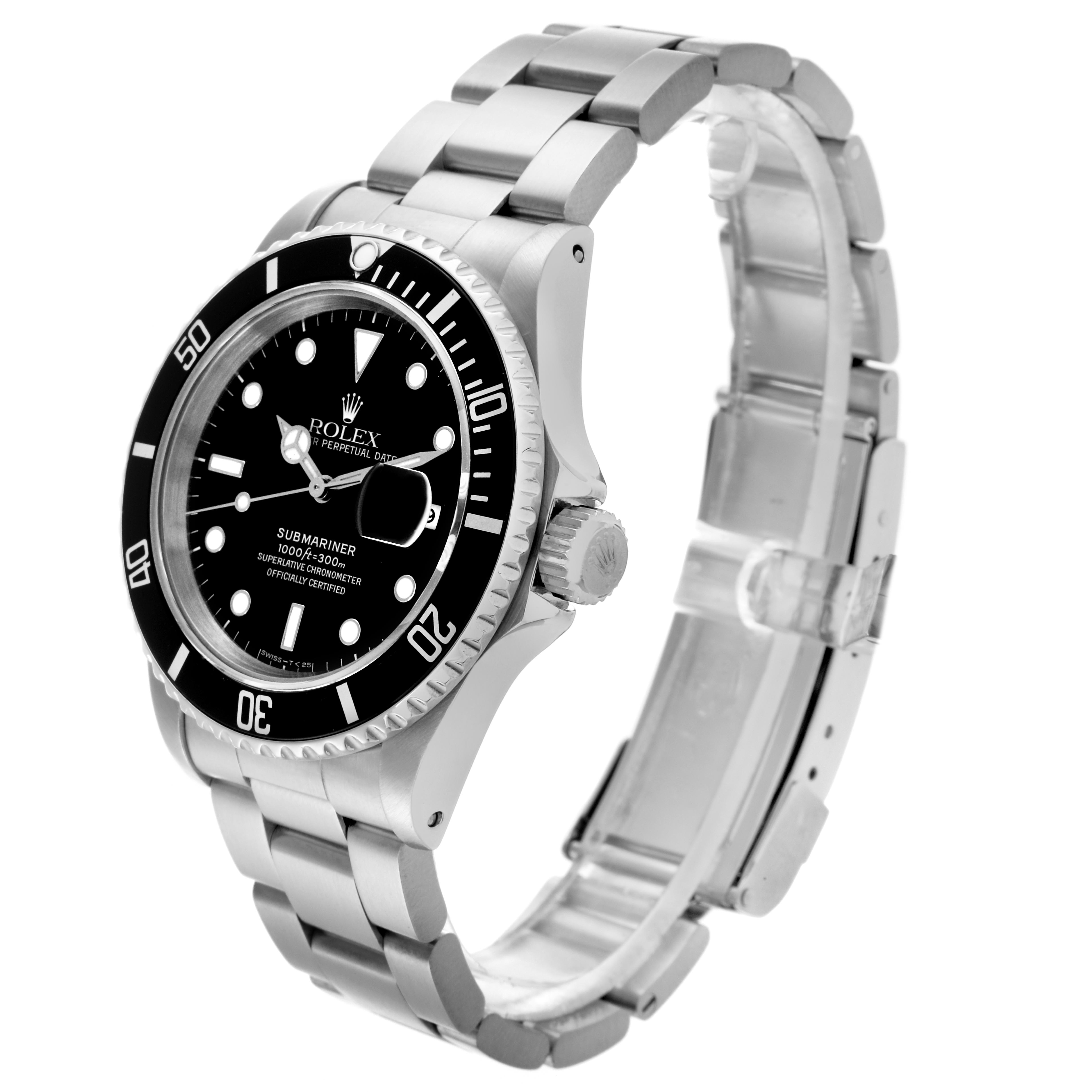 The Rolex Submariner 16610 Men's Stainless Steel Black Dial 16610 Men's Stainless Steel Black Dial watch is shown at a three-quarter angle, highlighting the face, bezel, crown, and bracelet.