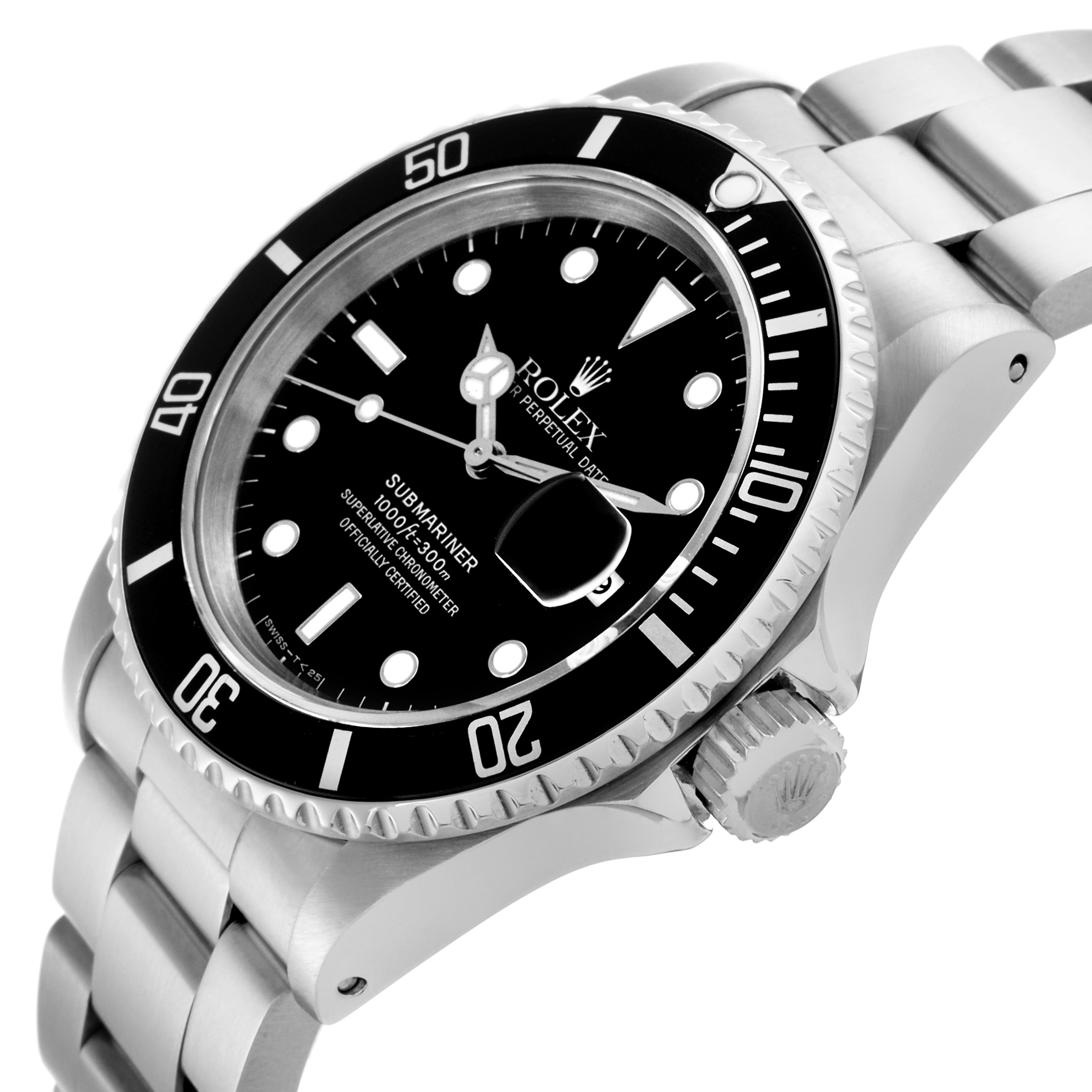 The Rolex Submariner 16610 Men's Stainless Steel Black Dial 16610 Men's Stainless Steel Black Dial watch is shown from a side angle highlighting the bezel, dial, crown, and metal bracelet.