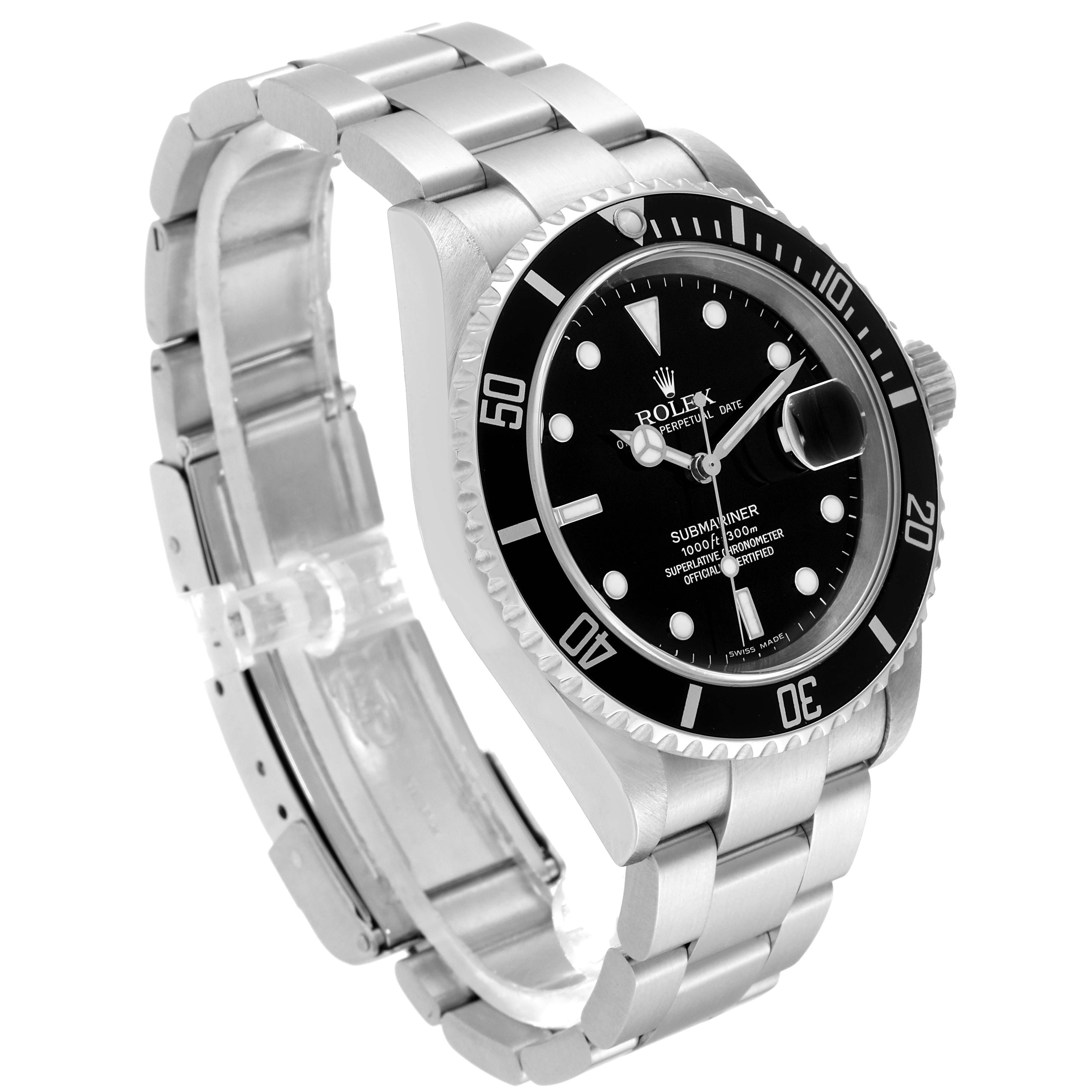 The Rolex Submariner 16610 Men
s Stainless Steel Black Dial 16610 Men
s Stainless Steel Black Dial watch is shown at a 3/4 angle, displaying its face, bezel, and bracelet clearly.