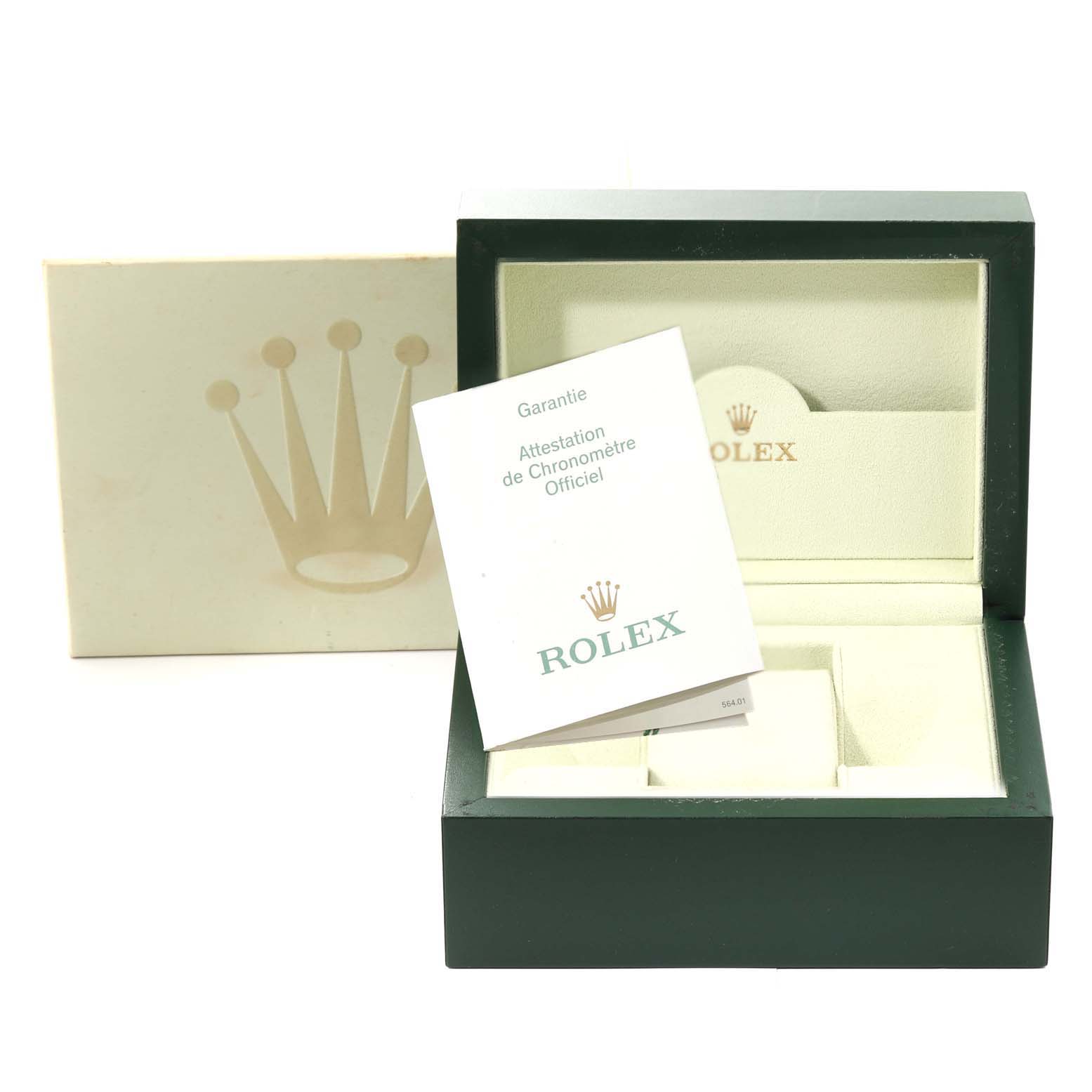 The image shows a Rolex Submariner 16610 Men
s Stainless Steel Black Dial 16610 Men
s Stainless Steel Black Dial watch box and warranty card at an angle where the box is open and the card is partially pulled out.