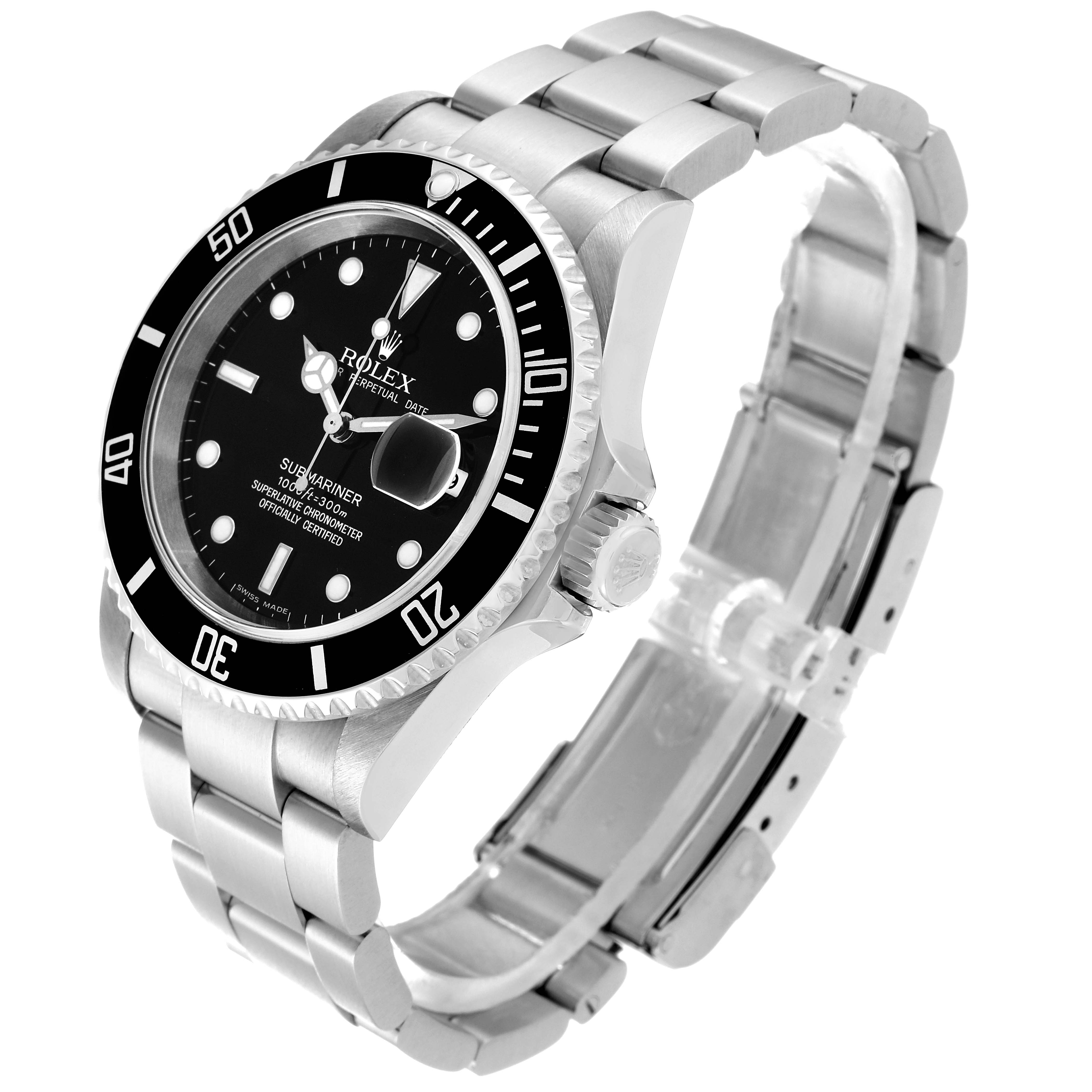 The image shows a Rolex Submariner 16610 Men
s Stainless Steel Black Dial 16610 Men
s Stainless Steel Black Dial watch at a slight angle highlighting the face, bezel, case, and part of the band clasp.