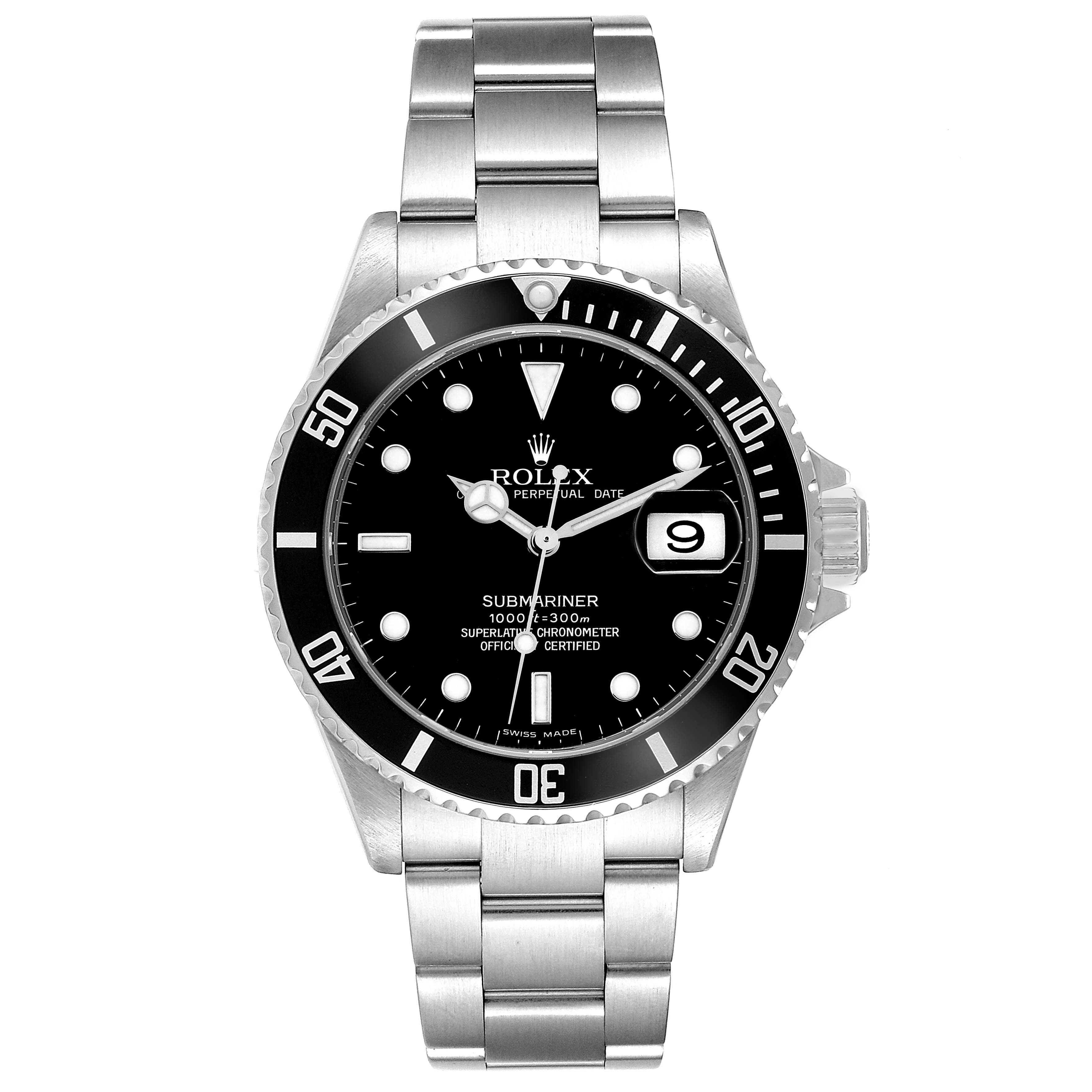The image shows a front view of a Rolex Submariner 16610 Men
s Stainless Steel Black Dial 16610 Men
s Stainless Steel Black Dial watch, displaying its dial, bezel, and stainless steel bracelet.