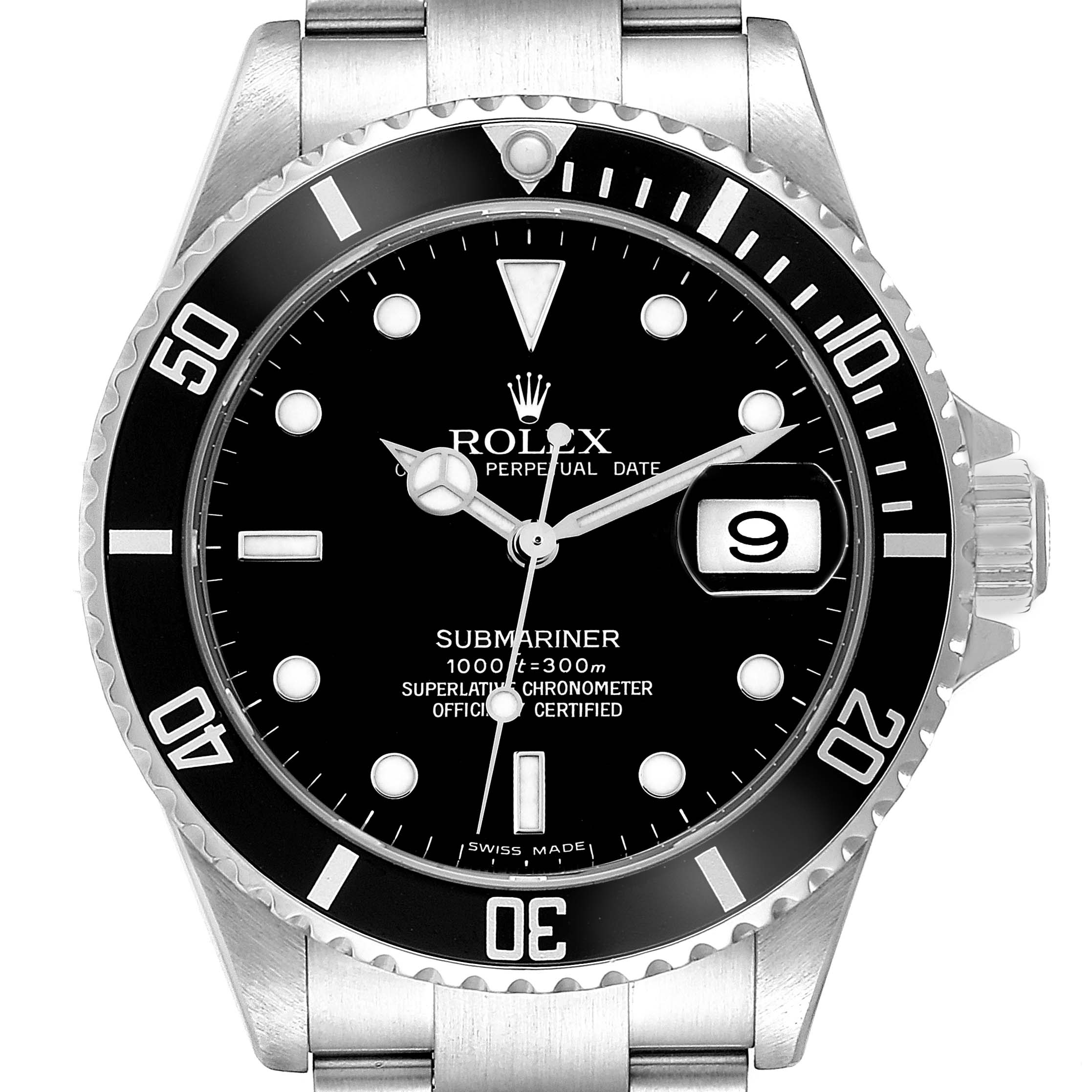 The image shows a front view of the Rolex Submariner 16610 Men
s Stainless Steel Black Dial 16610 Men
s Stainless Steel Black Dial model, highlighting its face, bezel, crown, and part of the bracelet.