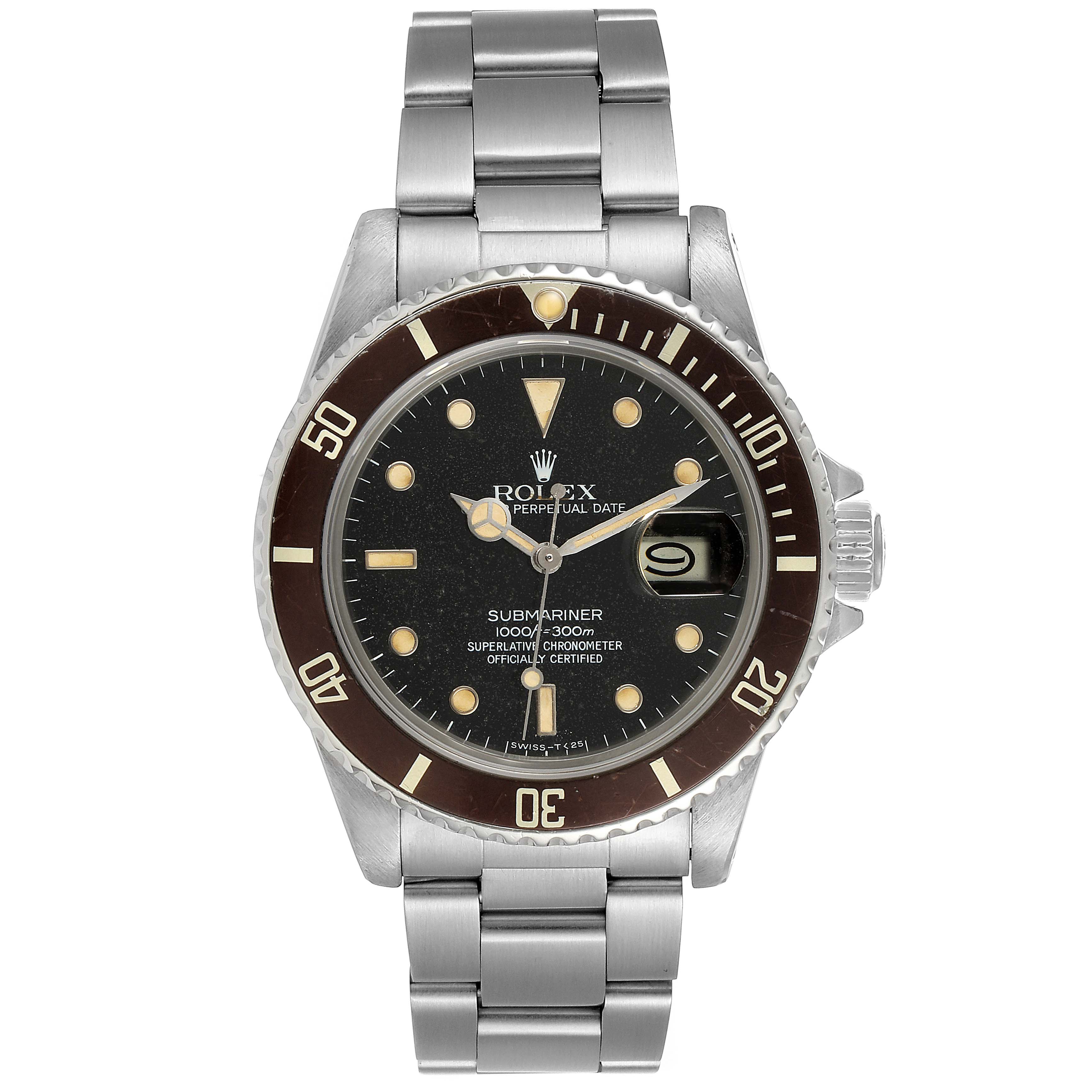 The image shows a front view of a Rolex Vintage Collection 16800 Men's Stainless Steel Black Dial 16800 Men's Stainless Steel Black Dial Submariner watch with a stainless steel bracelet and black dial.