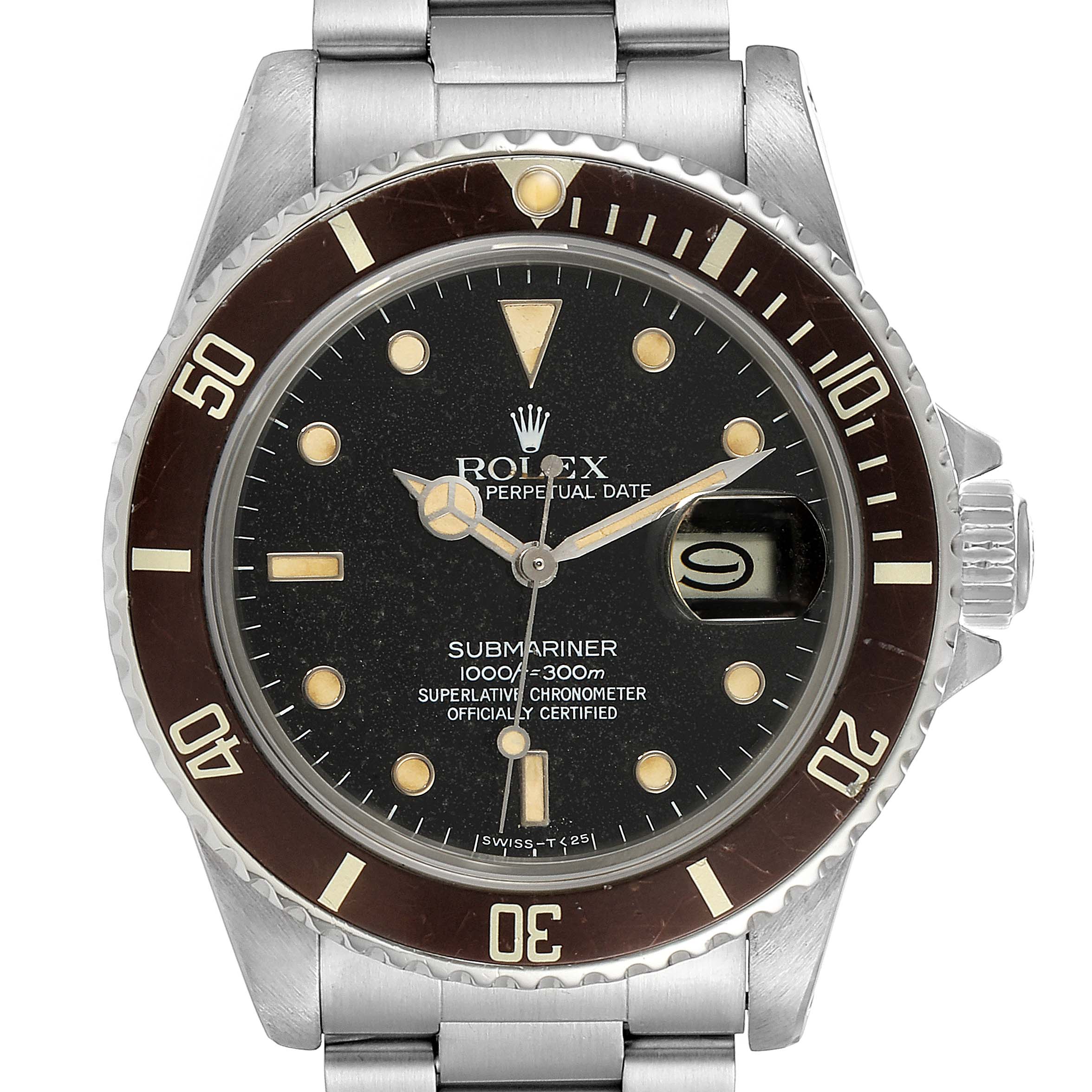 The image shows a front view of the Rolex Vintage Collection 16800 Men's Stainless Steel Black Dial 16800 Men's Stainless Steel Black Dial Submariner watch, highlighting its dial, bezel, and bracelet.
