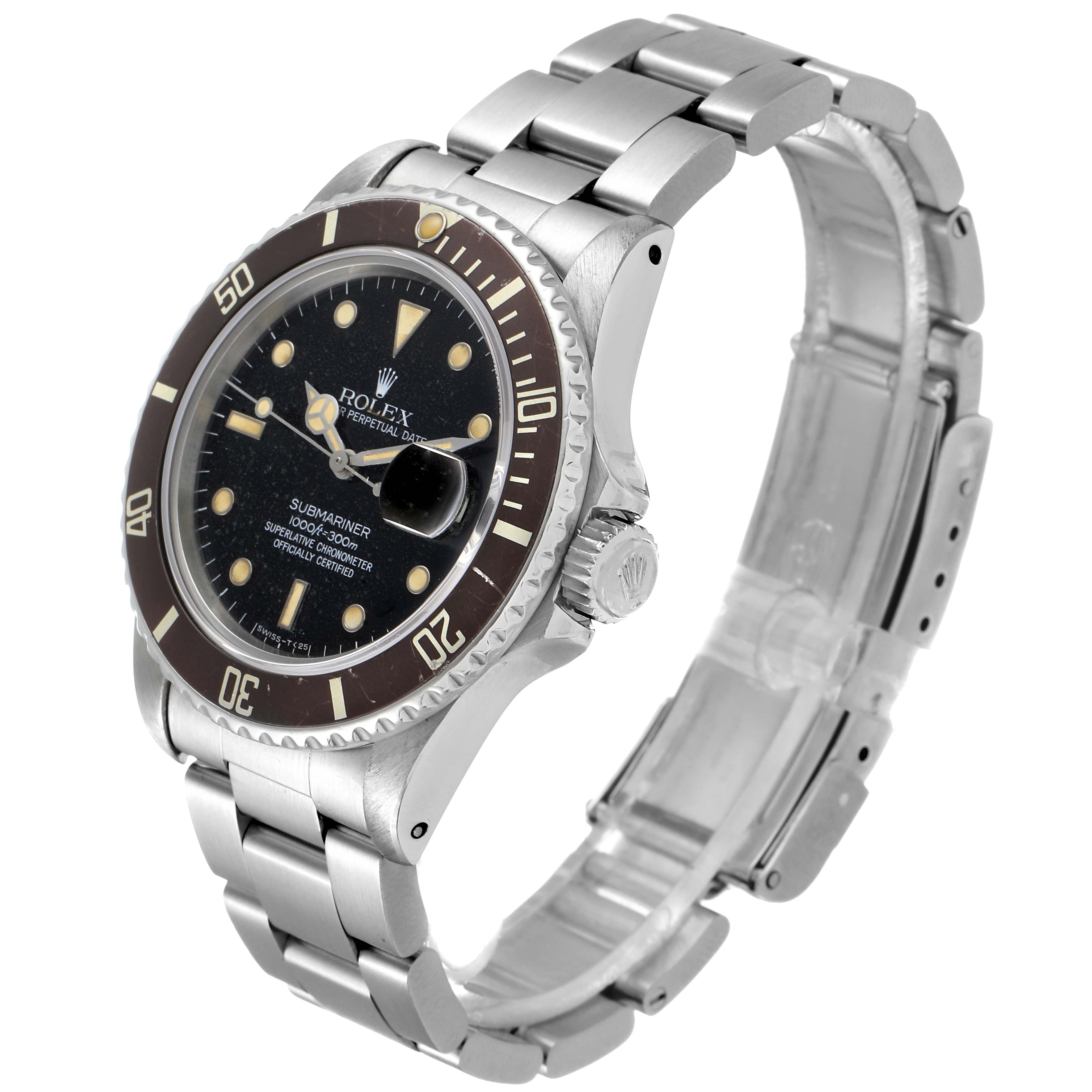 This is a side angle view of a Rolex Vintage Collection 16800 Men's Stainless Steel Black Dial 16800 Men's Stainless Steel Black Dial model, showcasing its face, bezel, crown, and stainless steel bracelet.
