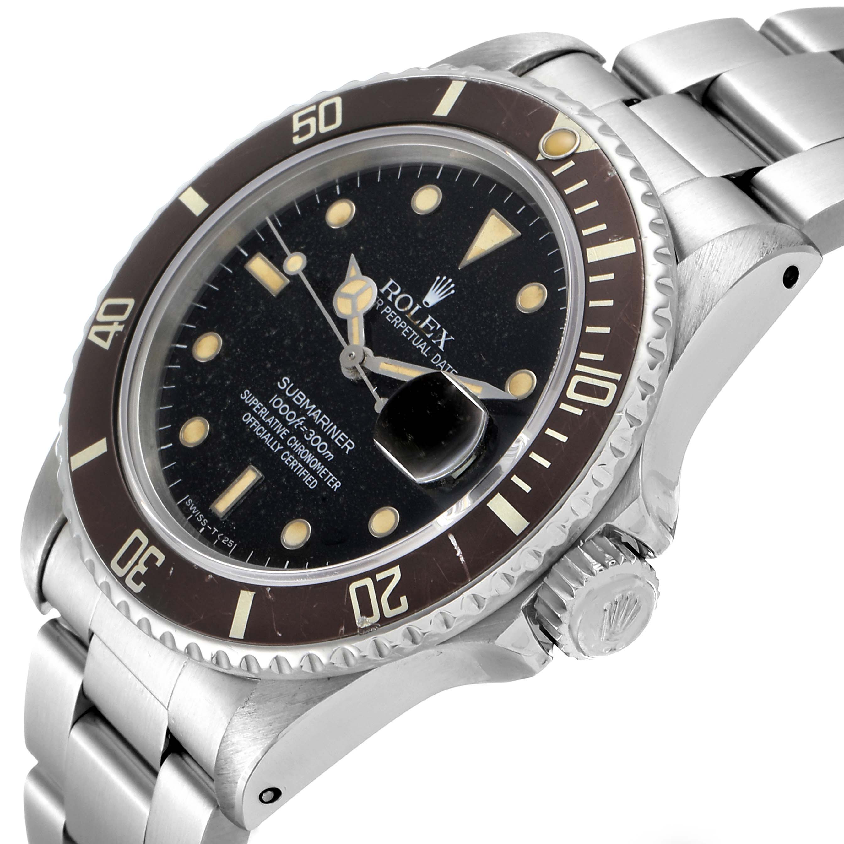 The image shows a close-up angle of a Rolex Vintage Collection 16800 Men's Stainless Steel Black Dial 16800 Men's Stainless Steel Black Dial Submariner watch, highlighting the dial, bezel, and metal bracelet.