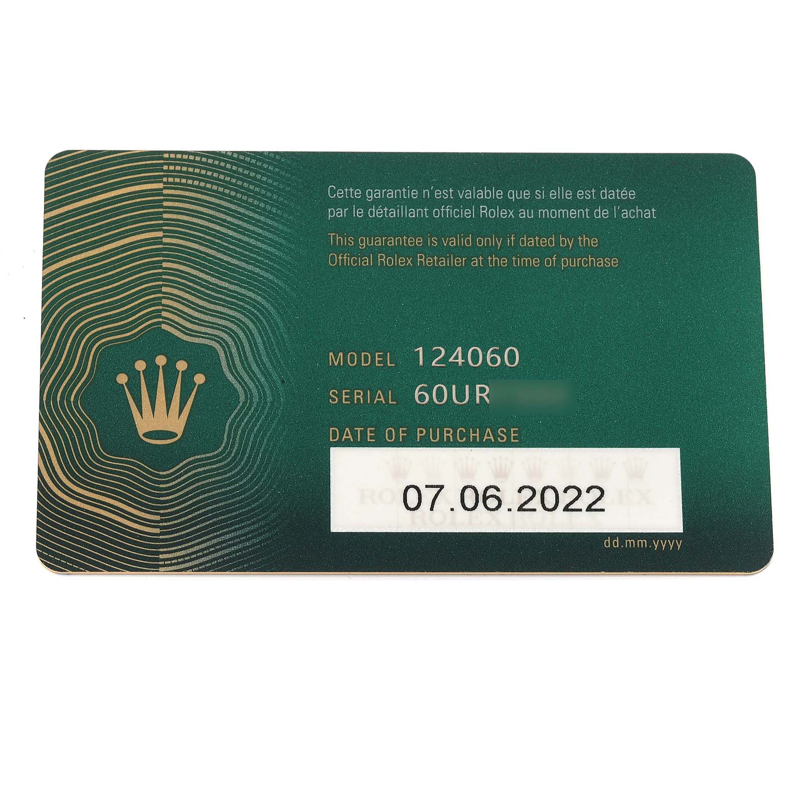 The image shows a warranty card for the Rolex Submariner 124060 Men
s Stainless Steel Black Dial 124060 Men
s Stainless Steel Black Dial model 124060, including the serial number and purchase date.