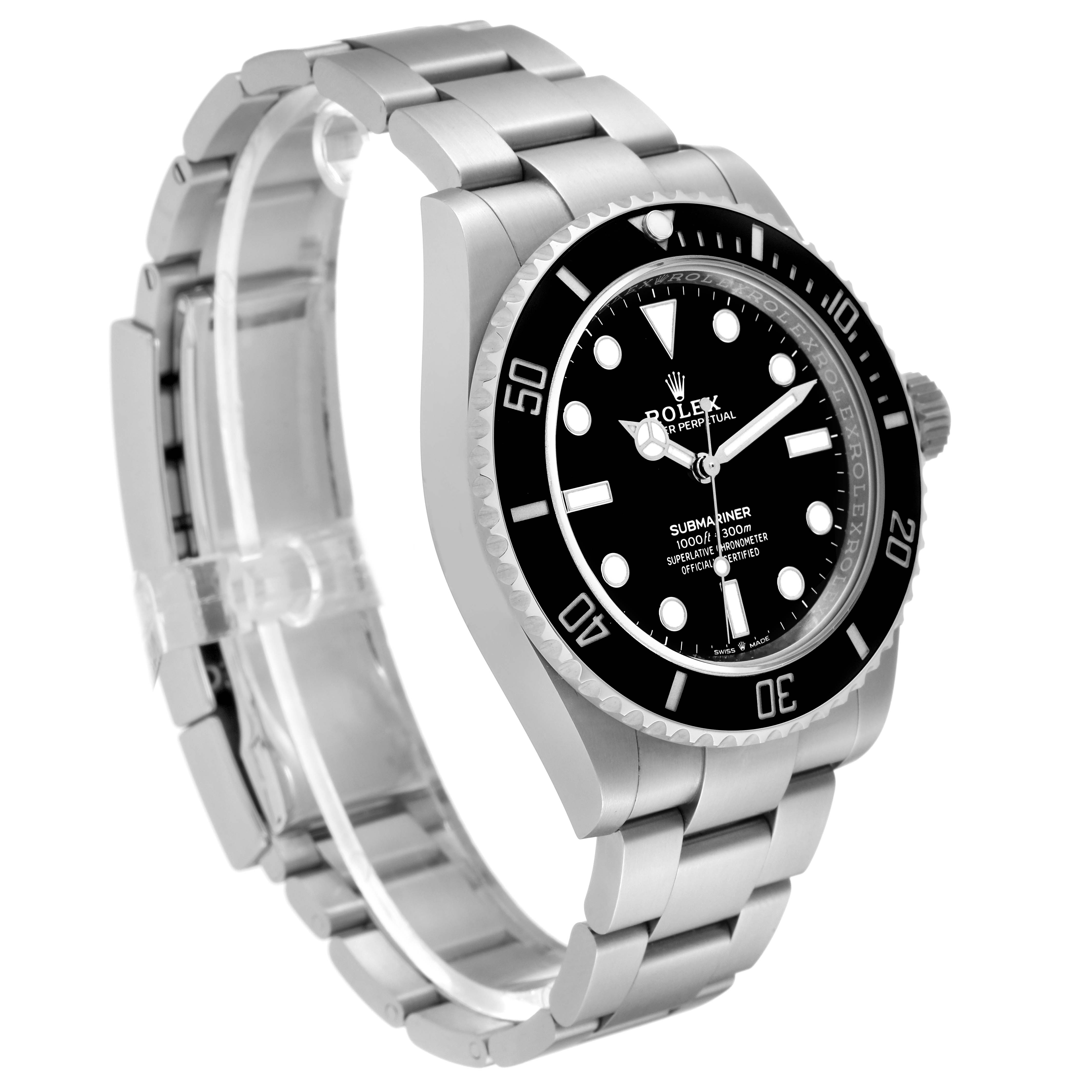 The image shows a Rolex Submariner 124060 Men
s Stainless Steel Black Dial 124060 Men
s Stainless Steel Black Dial watch from an angle revealing the face, bezel, crown, and bracelet.