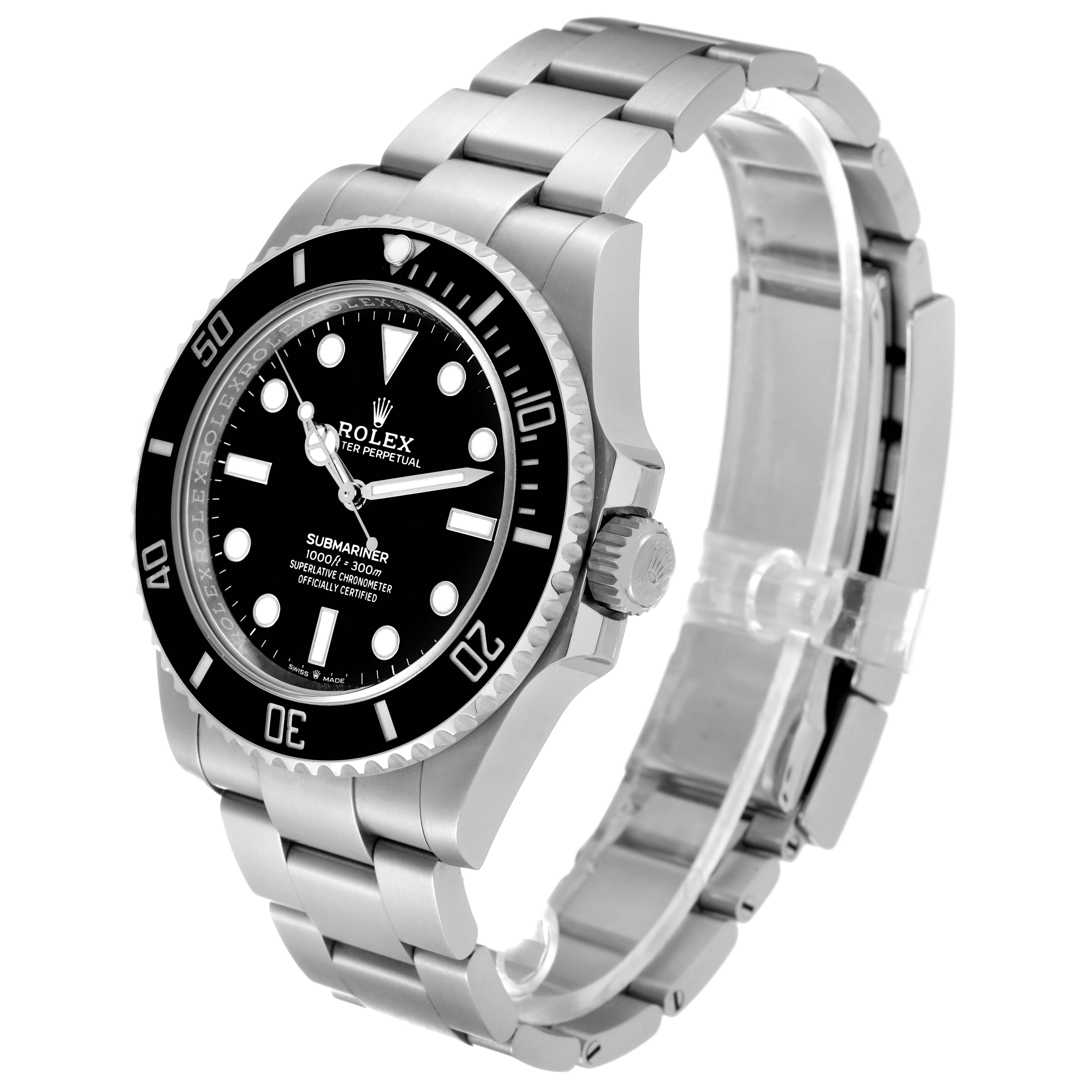 The Rolex Submariner 124060 Men
s Stainless Steel Black Dial 124060 Men
s Stainless Steel Black Dial watch is shown at an oblique angle, highlighting the bezel, dial, crown, and bracelet.