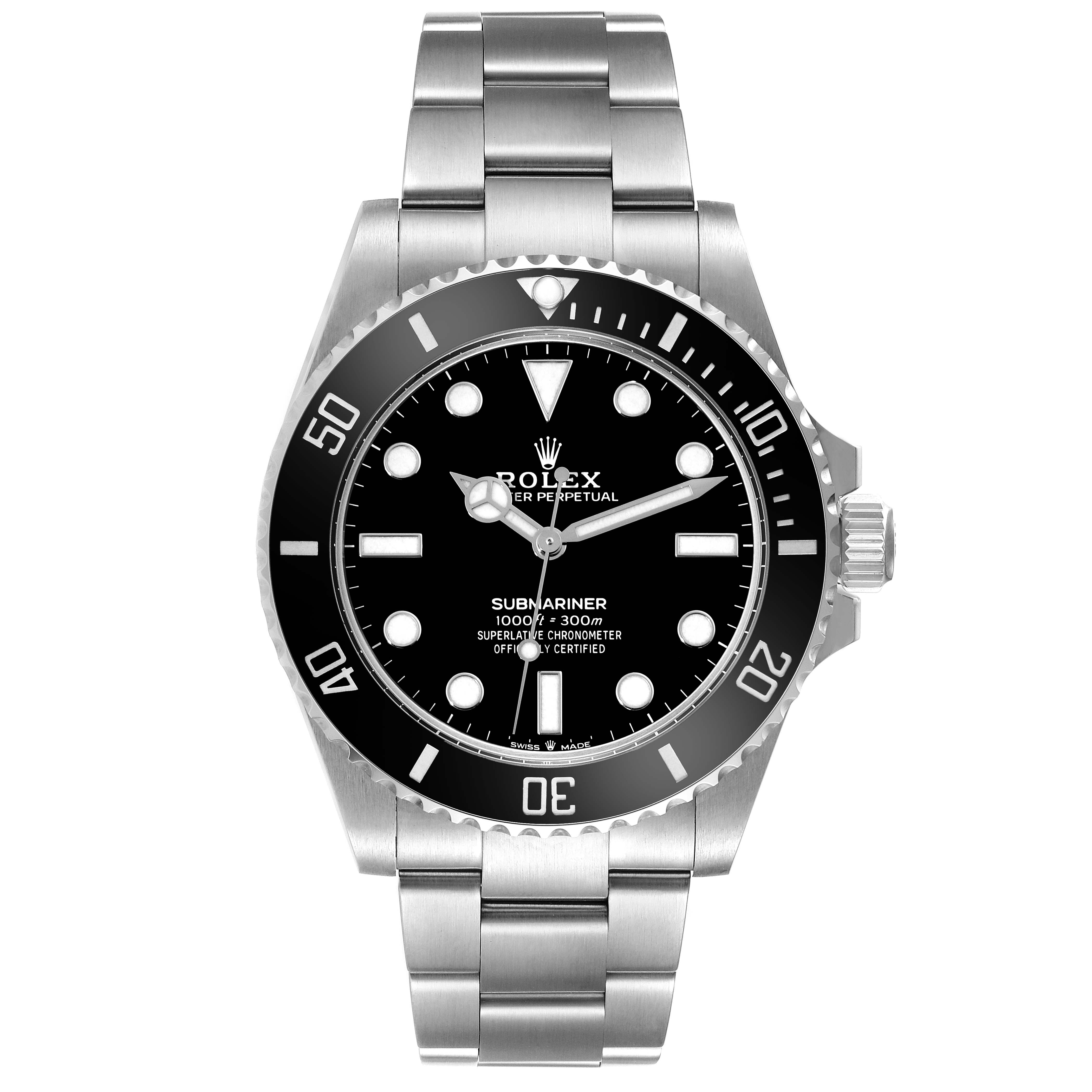 This image shows the front view of a Rolex Submariner 124060 Men
s Stainless Steel Black Dial 124060 Men
s Stainless Steel Black Dial watch, highlighting its dial, bezel, and bracelet.