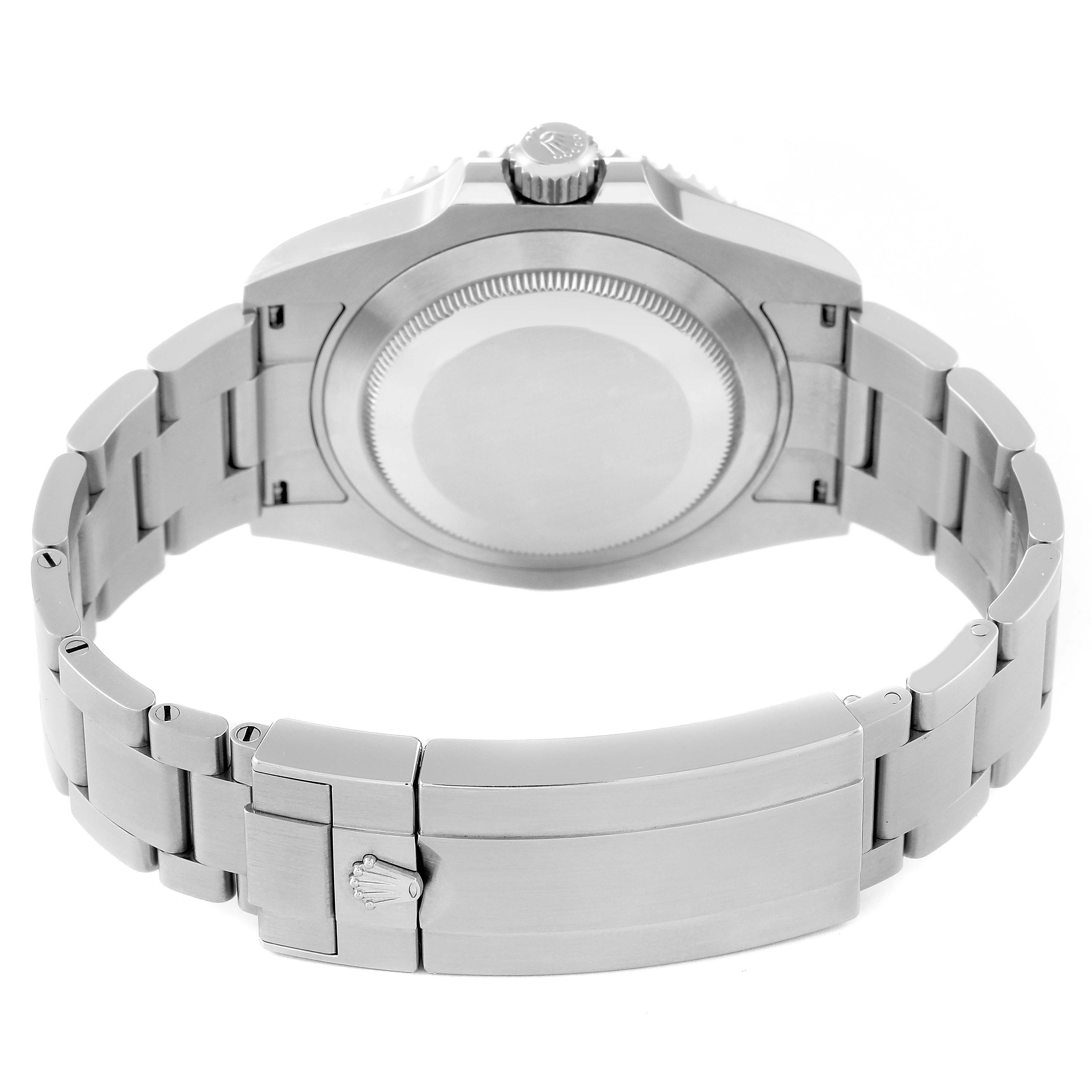 The image shows the backside of a Rolex Submariner 124060 Men
s Stainless Steel Black Dial 124060 Men
s Stainless Steel Black Dial watch, highlighting the caseback, bracelet, and clasp.