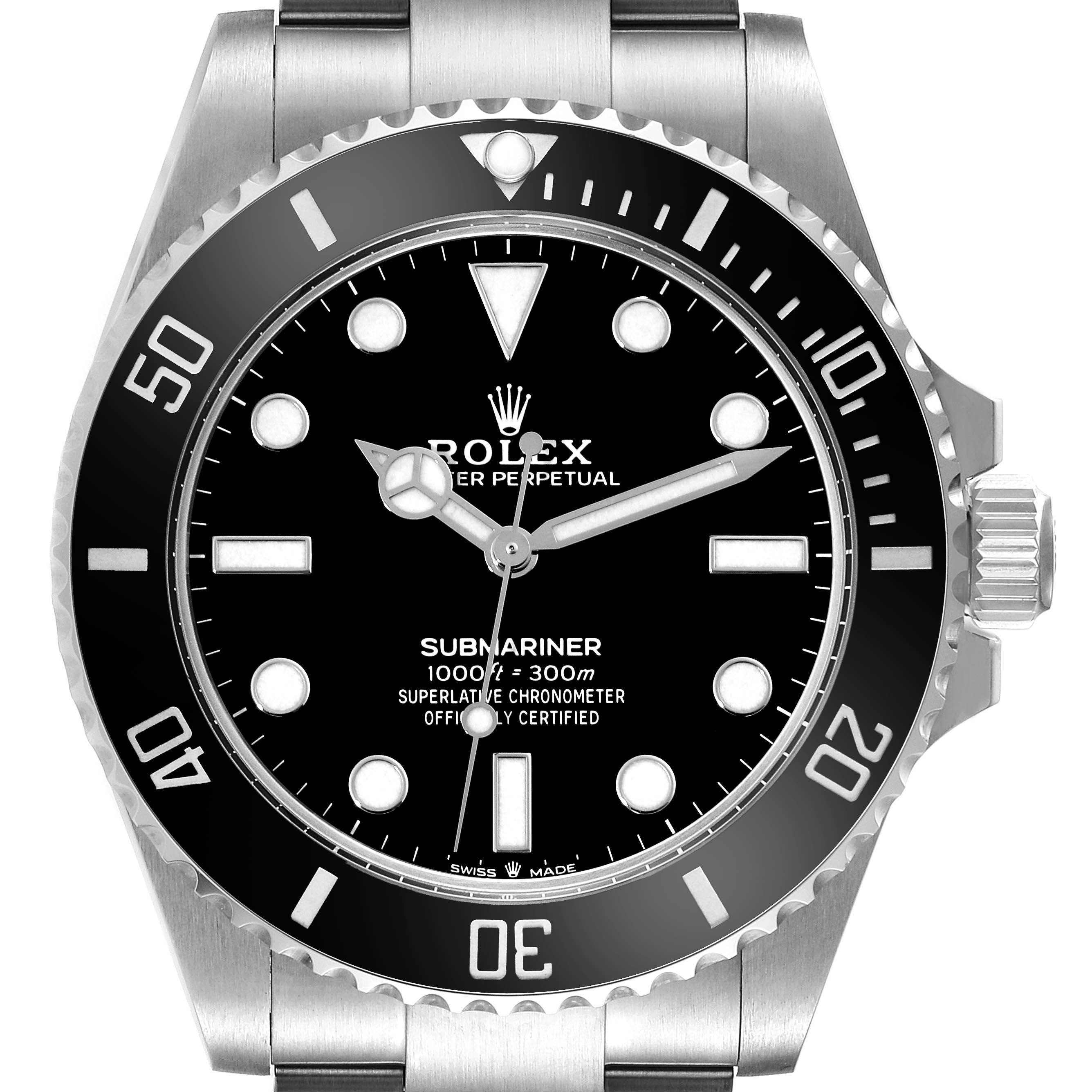 This image shows the front view of a Rolex Submariner 124060 Men
s Stainless Steel Black Dial 124060 Men
s Stainless Steel Black Dial, displaying its dial, bezel, and part of the bracelet.