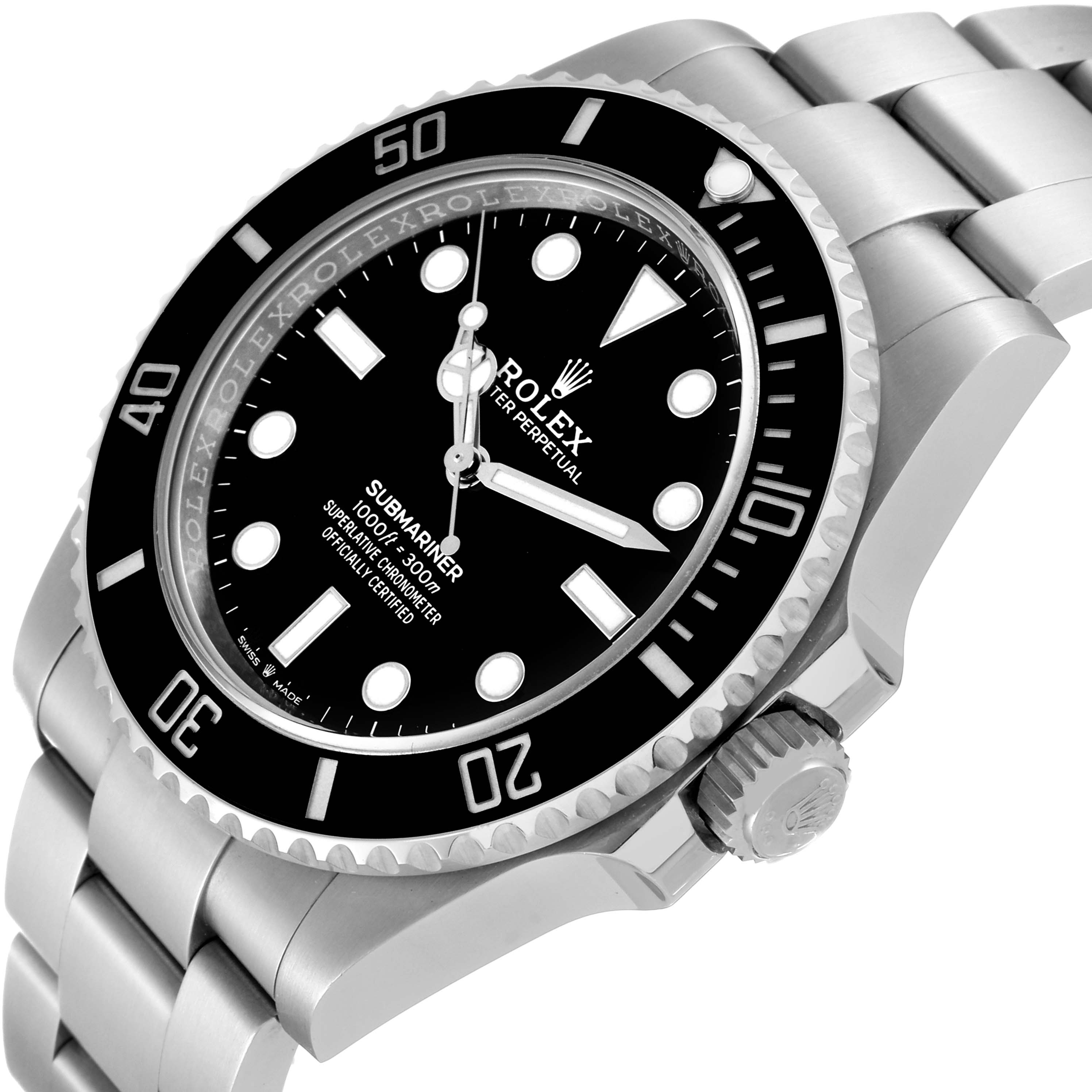 The image shows a close-up angled view of the Rolex Submariner 124060 Men
s Stainless Steel Black Dial 124060 Men
s Stainless Steel Black Dial watch, highlighting its face, bezel, crown, and part of the bracelet.
