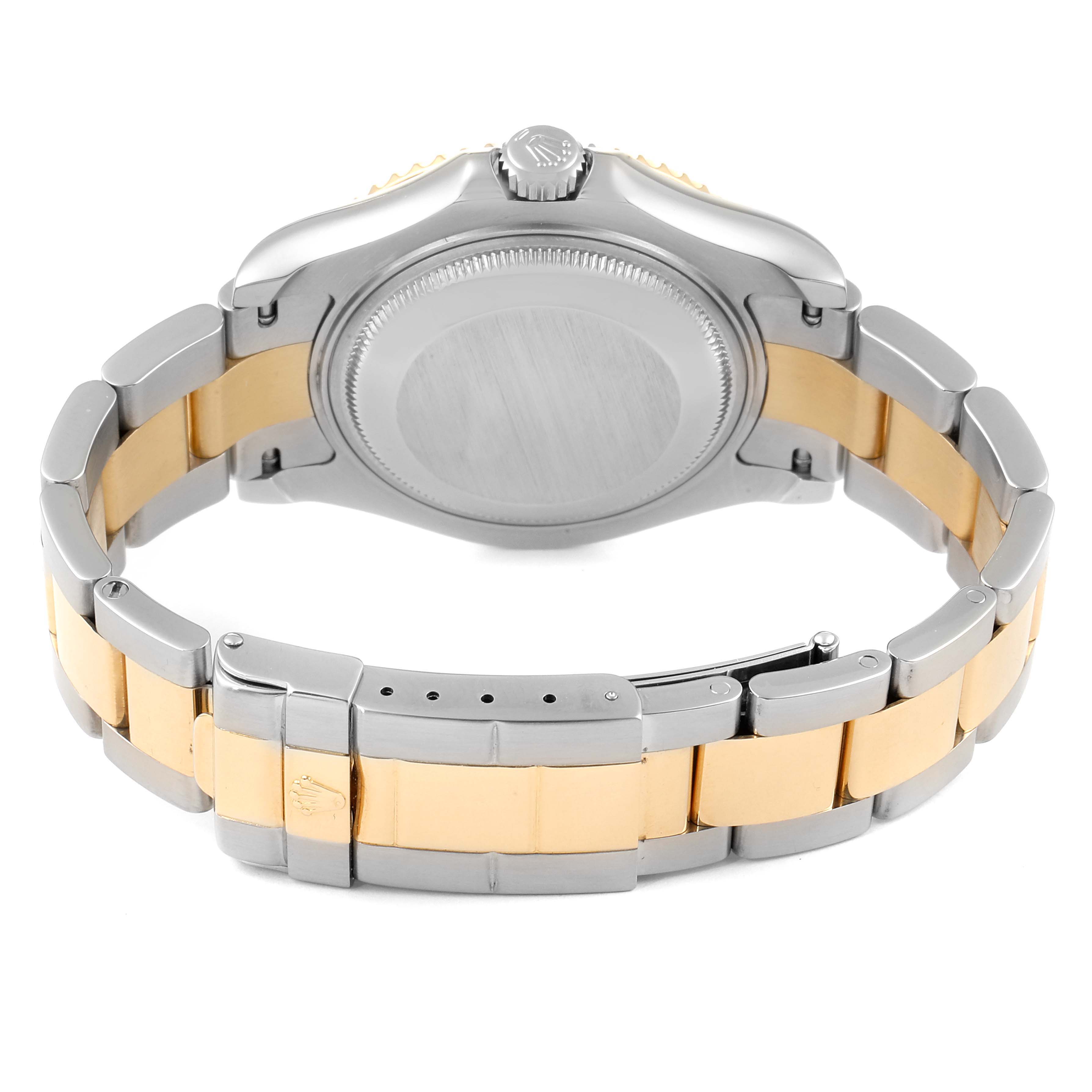 This image shows the back of a Rolex Yacht-Master 168623 Men's Steel and Gold (two tone) White Dial 168623 Men's Steel and Gold (two tone) White Dial watch, highlighting its case and two-tone bracelet.