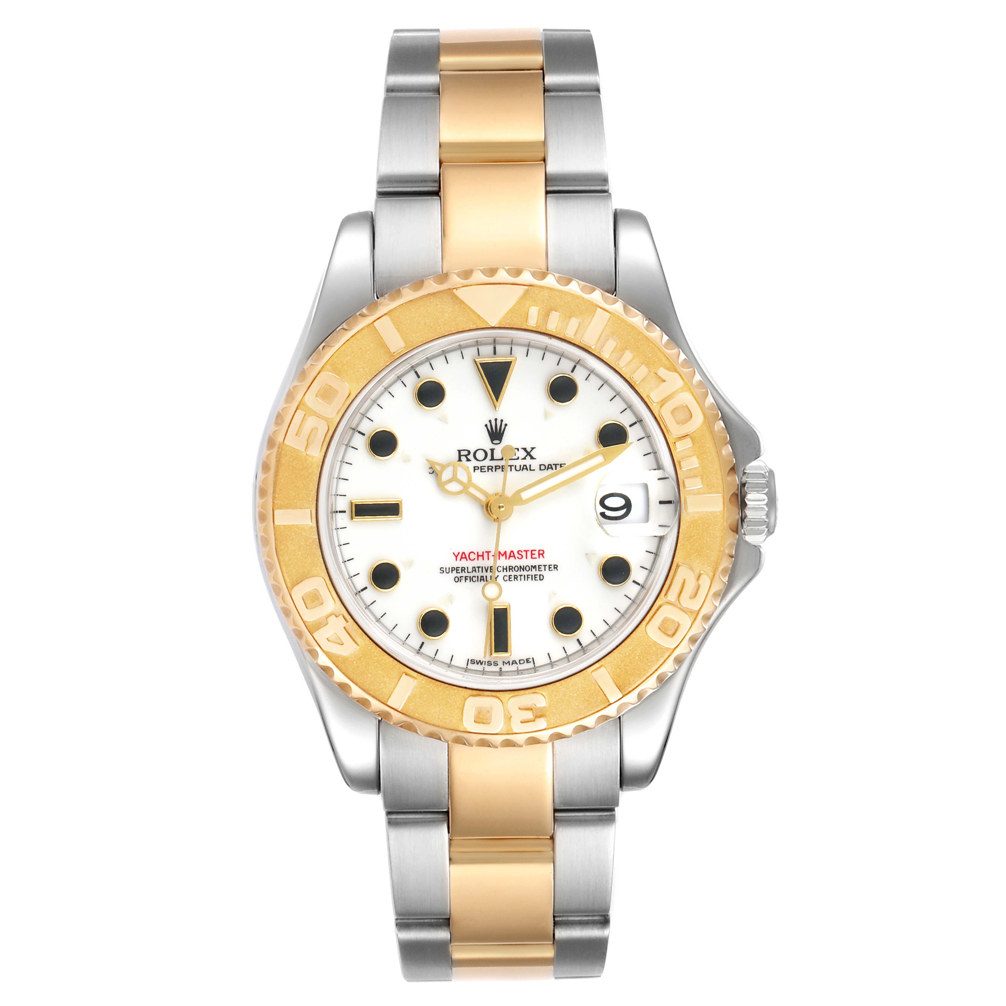The image shows a front view of a Rolex Yacht-Master 168623 Men's Steel and Gold (two tone) White Dial 168623 Men's Steel and Gold (two tone) White Dial watch, displaying its face, bezel, and two-tone bracelet.