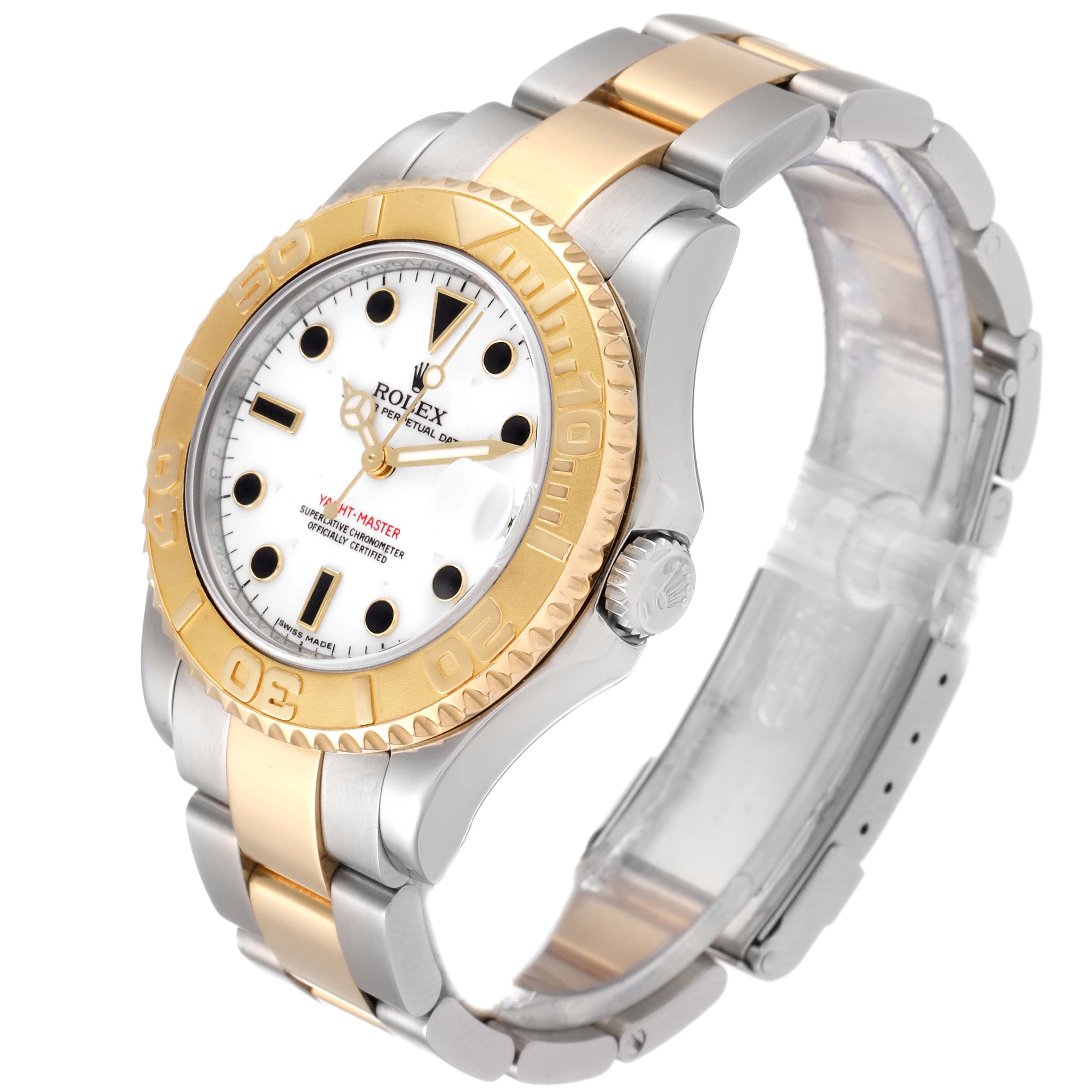 The image shows a Rolex Yacht-Master 168623 Men's Steel and Gold (two tone) White Dial 168623 Men's Steel and Gold (two tone) White Dial watch at a slight angle, highlighting its gold and silver bracelet, bezel, and dial.