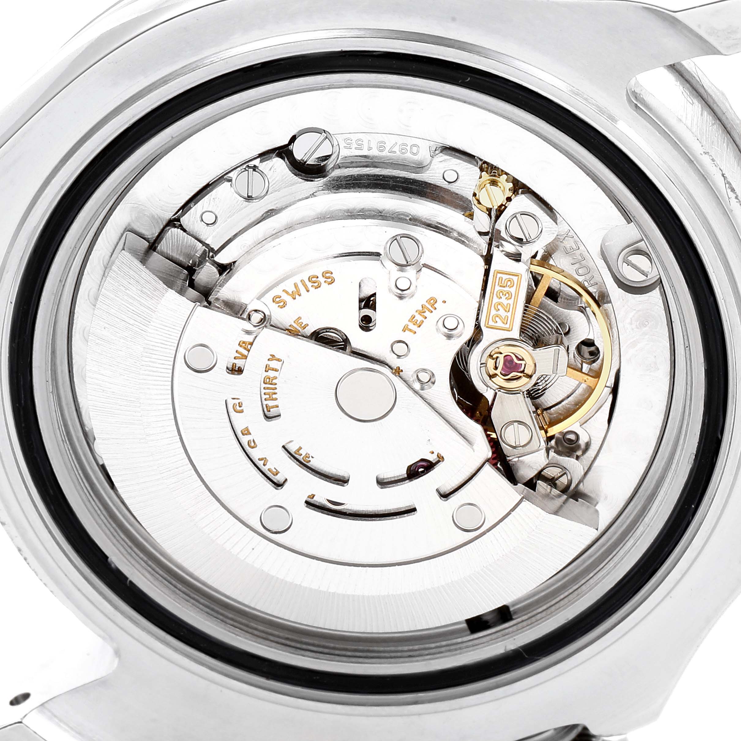 The image shows a close-up, underside view of the Rolex Yacht-Master 168622 Men
s Stainless Steel Silver Dial 168622 Men
s Stainless Steel Silver Dial watch movement and inner mechanism.