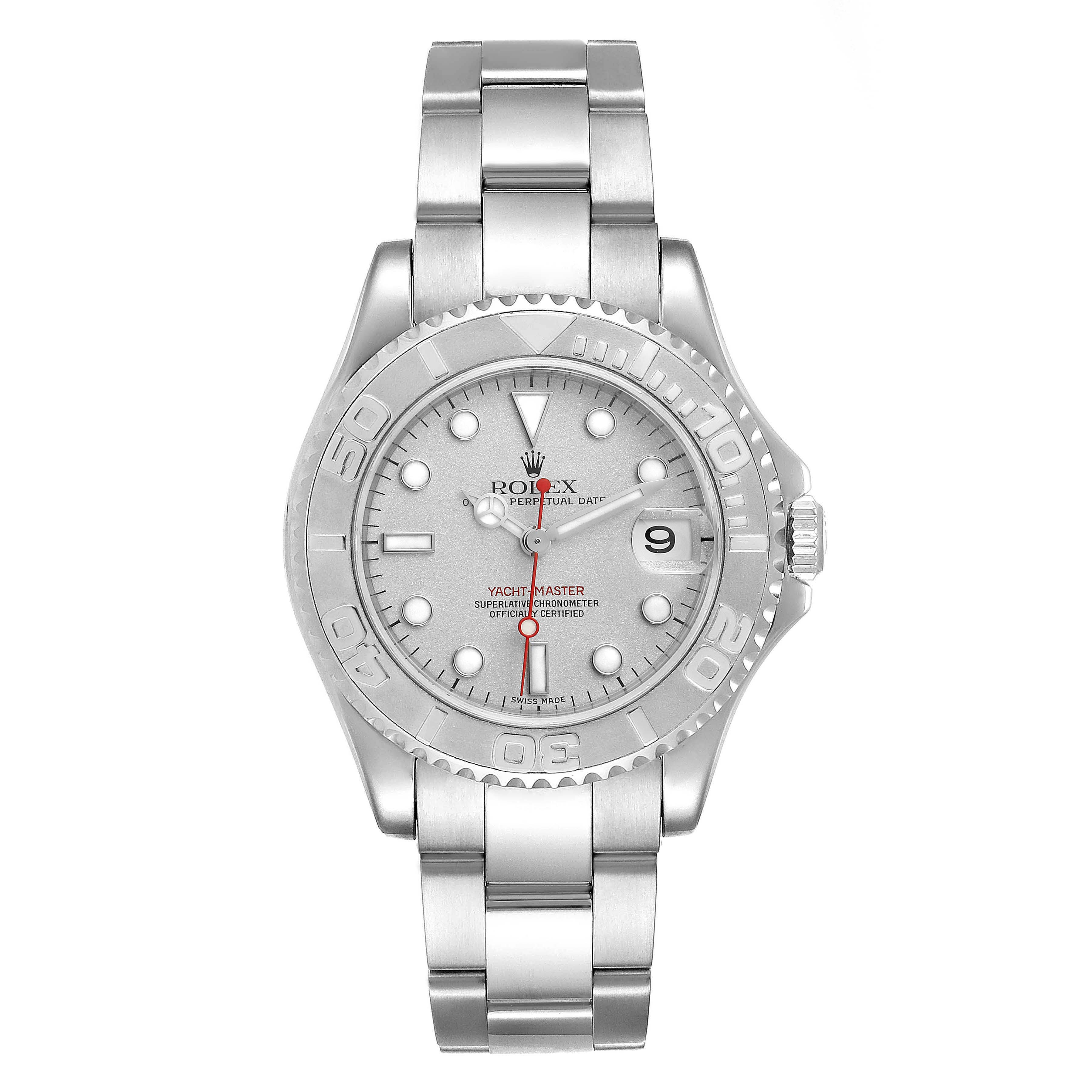 The image shows a frontal view of a Rolex Yacht-Master 168622 Men
s Stainless Steel Silver Dial 168622 Men
s Stainless Steel Silver Dial watch, highlighting the dial, bezel, and bracelet.