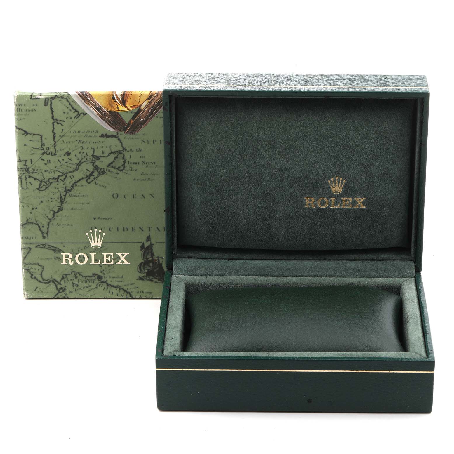 The image shows an empty green Rolex watch box with an open lid, used for the Yacht-Master model.