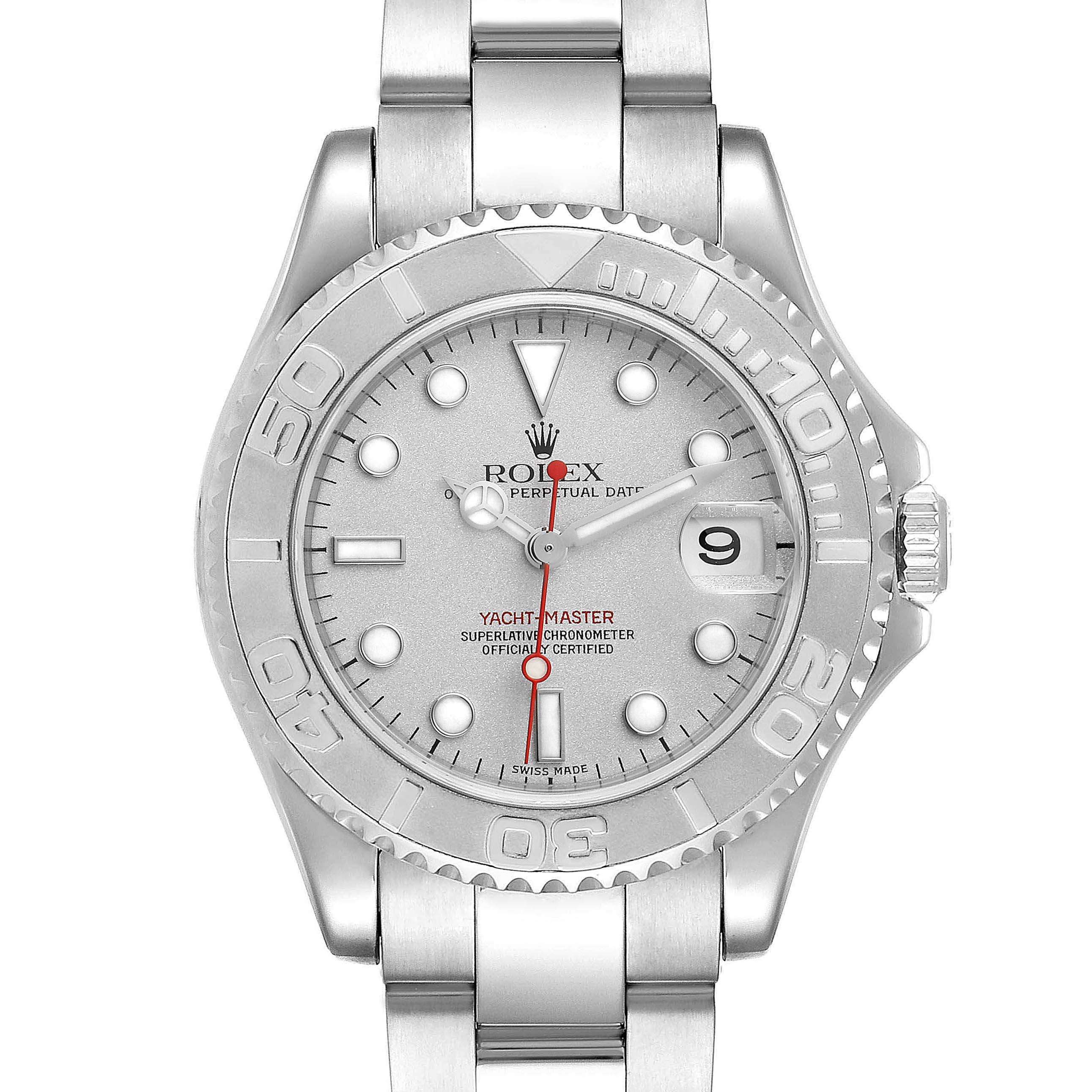 This image shows a front angle of the Rolex Yacht-Master 168622 Men
s Stainless Steel Silver Dial 168622 Men
s Stainless Steel Silver Dial watch, displaying the dial, bezel, and bracelet.