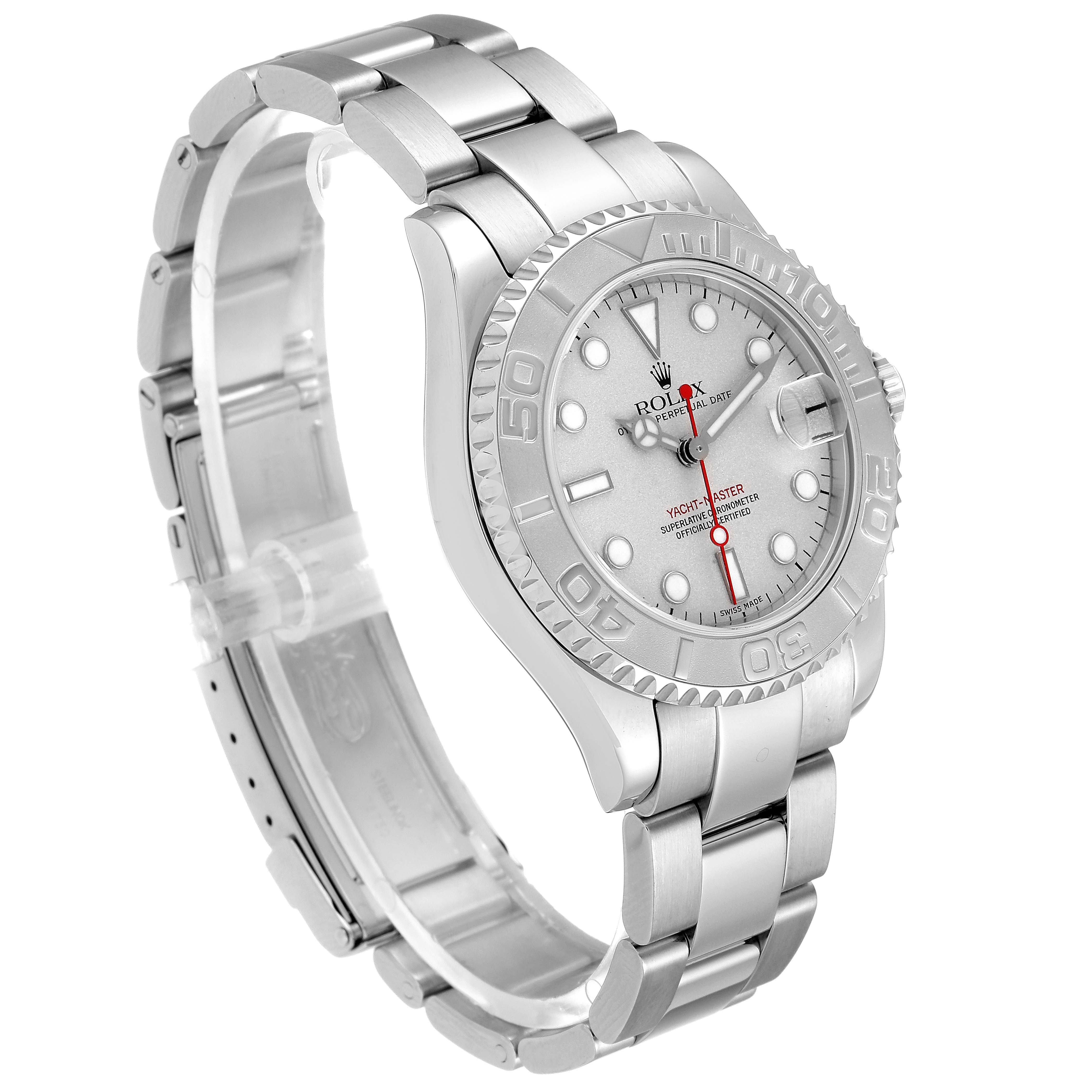 The Rolex Yacht-Master 168622 Men
s Stainless Steel Silver Dial 168622 Men
s Stainless Steel Silver Dial watch is shown from an angled side view, displaying its bracelet, case, and bezel.